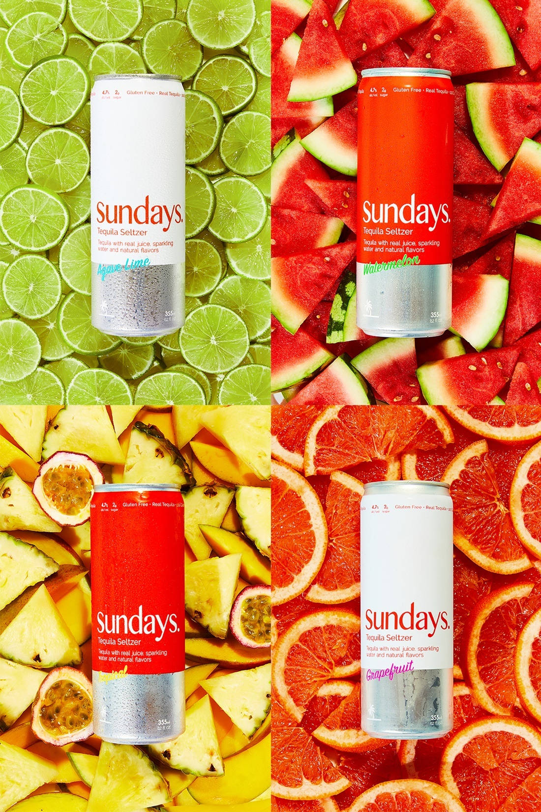 Tequila 桌布 壁紙 — 四罐 Sundays Tequila Seltzer 放在鮮豔的水果背景上，包括萊姆、西瓜、鳳梨和葡萄柚。