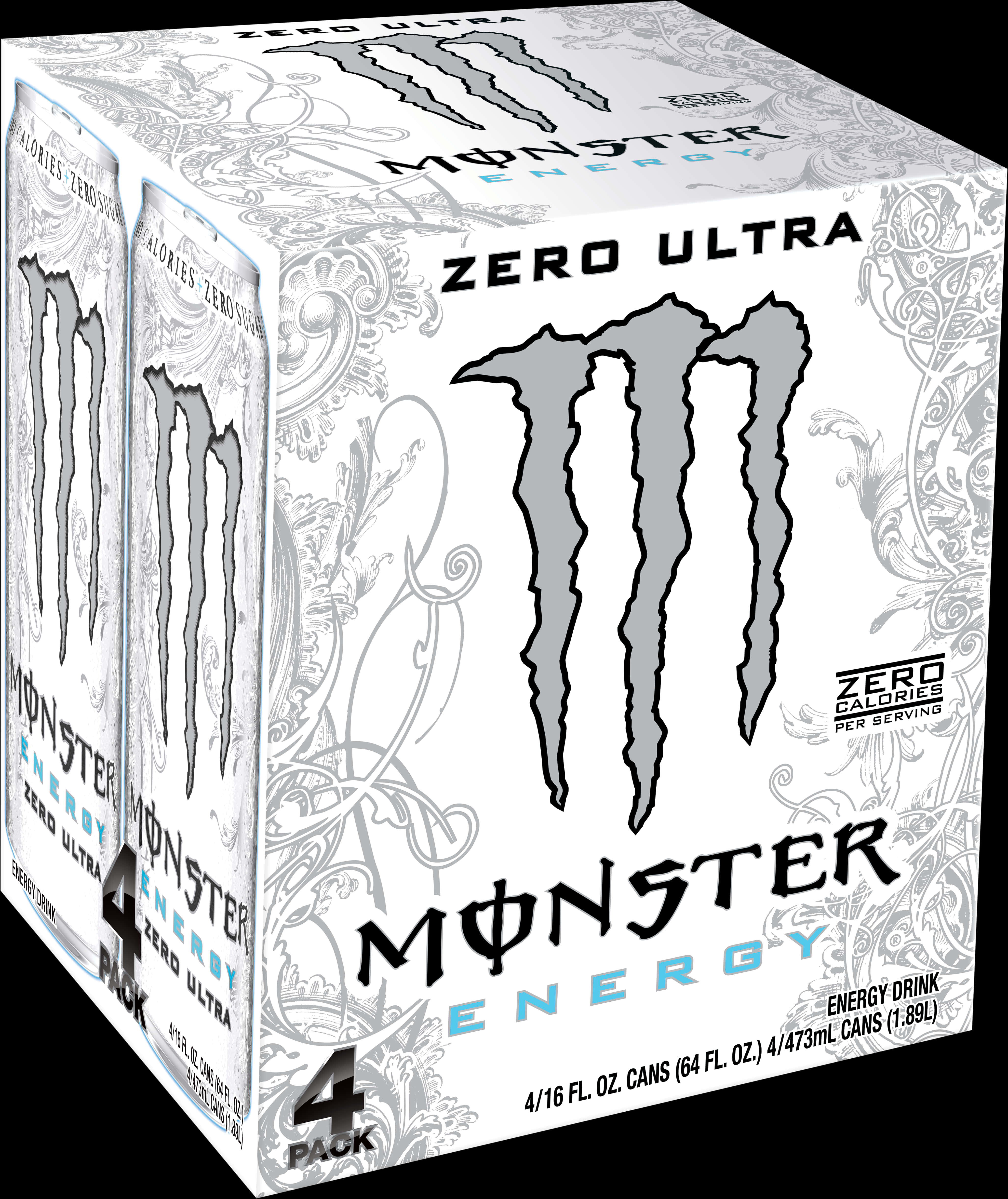 怪物 桌布 壁紙 — 四罐裝Monster Energy Zero Ultra，放在一個帶有華麗銀色圖案和醒目品牌的白色盒子中。