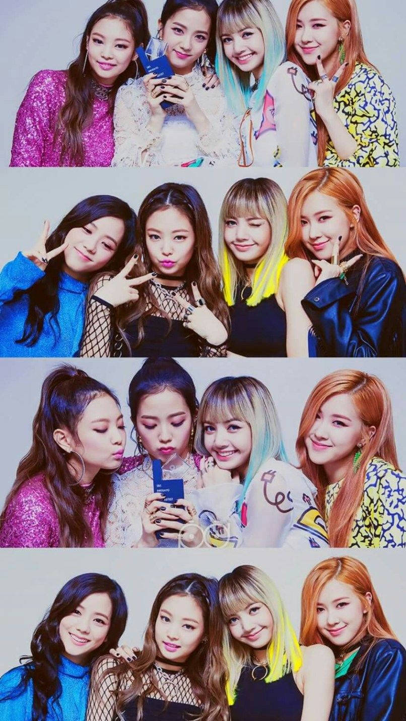 K-pop 桌布 壁紙 — 四行K-pop女團在素色背景下穿著色彩繽紛的服裝擺出俏皮表情。