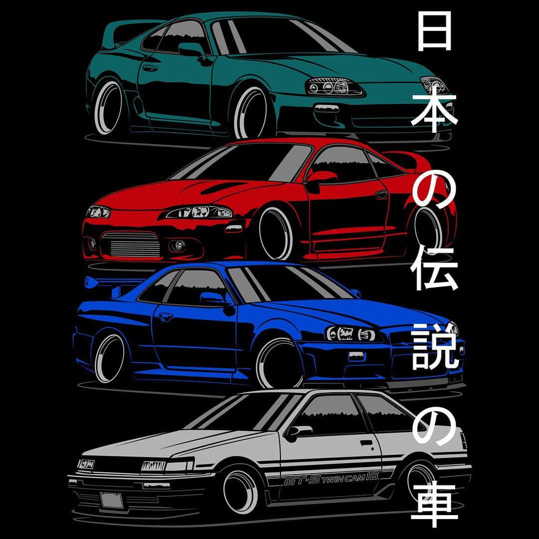 藝術 桌布 壁紙 — 四輛標誌性日本跑車以鮮豔色彩垂直堆疊在黑色背景上，並帶有垂直日文字。