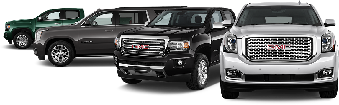 GMC 桌布 壁紙 — 四輛綠色、灰色、黑色和銀色的 GMC 車輛在黑色背景上展示。