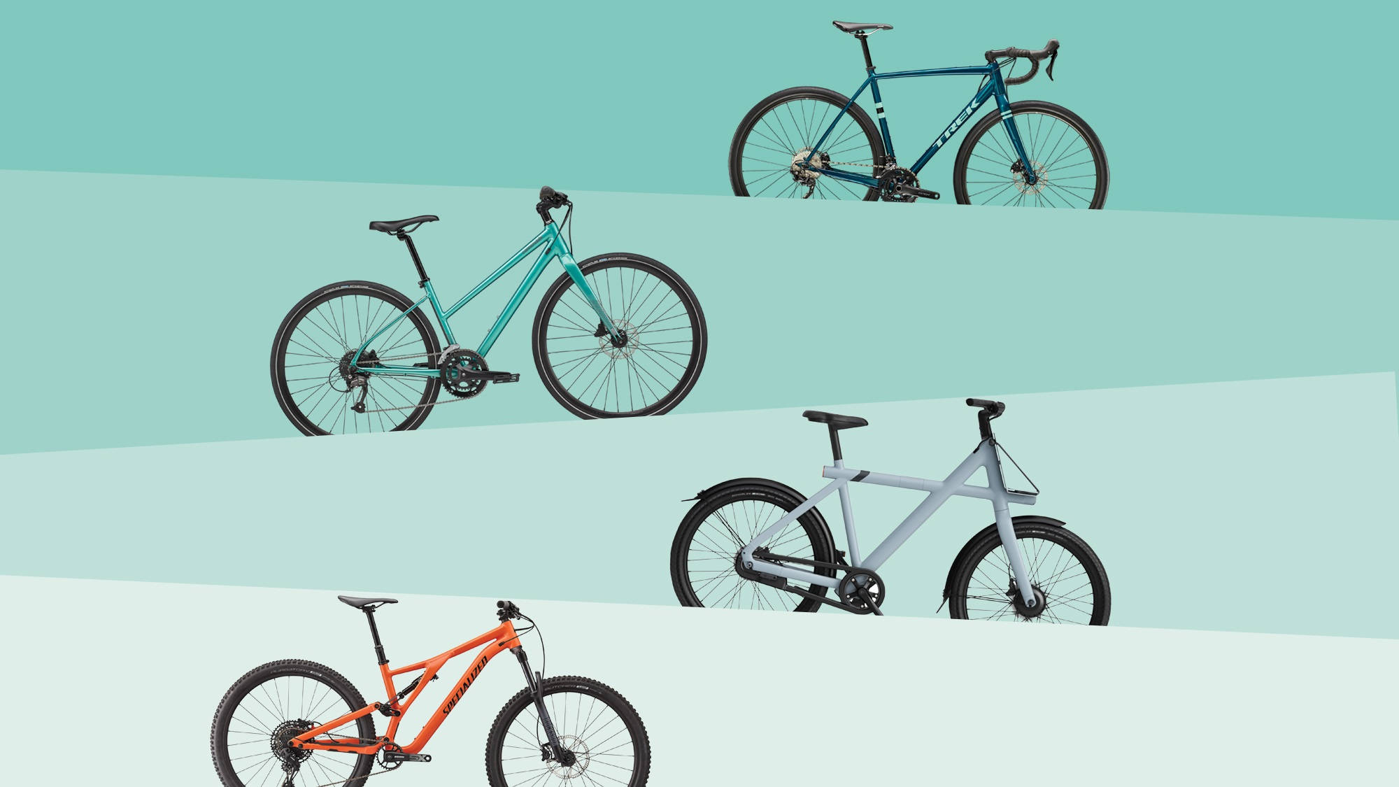 Mountain Bike 桌布 壁紙 — 四輛色彩鮮豔的不同自行車以對角線排列在柔和的漸層青綠色背景上。