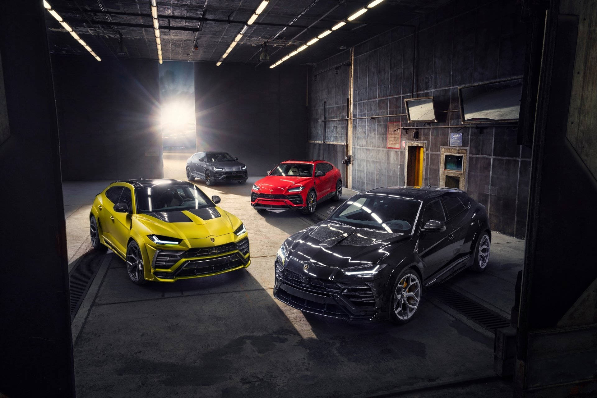 lambo 桌布 壁紙 — 四輛黃色、紅色和黑色的藍寶堅尼 Urus SUV 在工業燈光下於粗糙的倉庫中閃閃發光。