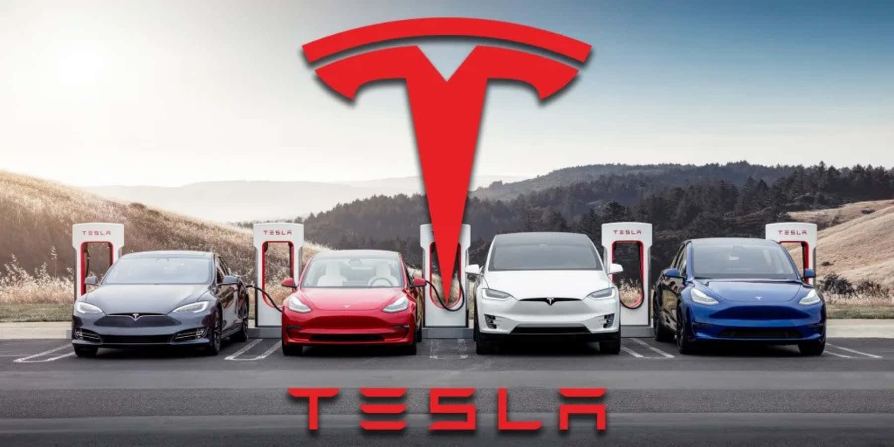特斯拉 桌布 壁紙 — 四輛黑色、紅色、白色和藍色的Tesla電動車在晴朗天空下、山丘背景中的充電站充電。