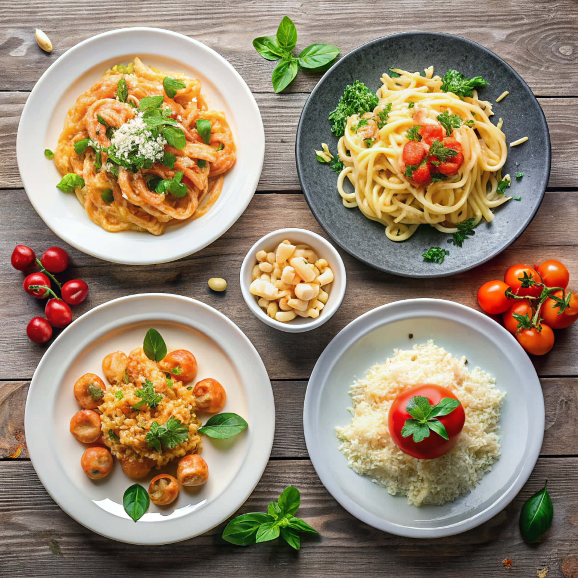 Top view with pasta and risotto 壁紙 — 四道義大利菜餚，包括義大利麵、燉飯和番茄裝飾，擺放在質樸的木桌上。