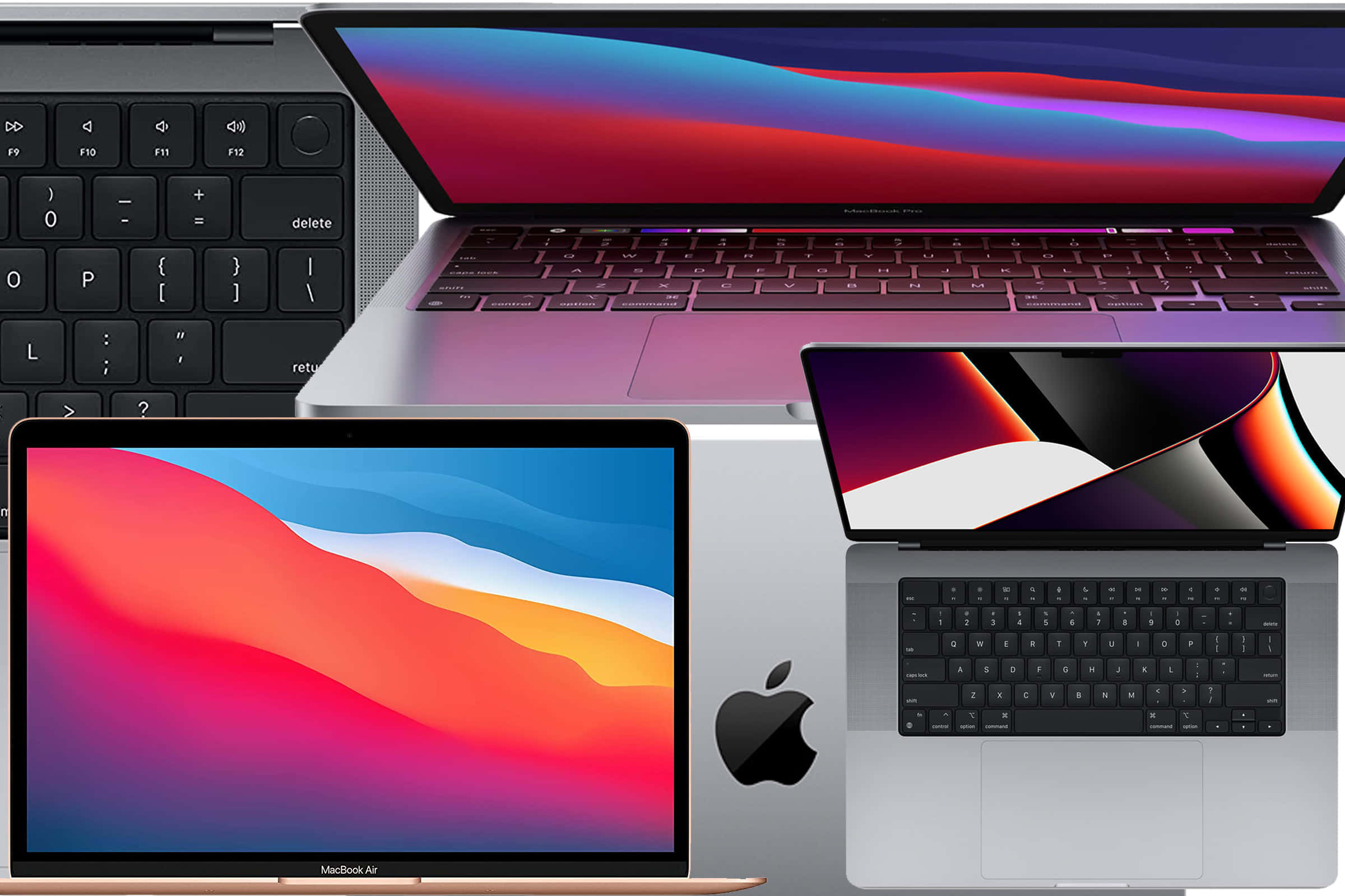 MacBook 動態圖片 桌布 壁紙 — 四部 Apple 筆記型電腦展示出充滿活力的抽象桌布，呈現色彩繽紛的流動漸變效果。