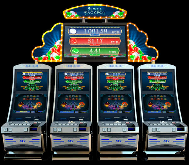 Slots 桌布 壁紙 — 四部明亮照明的寶石累積獎金老虎機，帶有發光螢幕和彩色寶石圖案，背景為黑色。