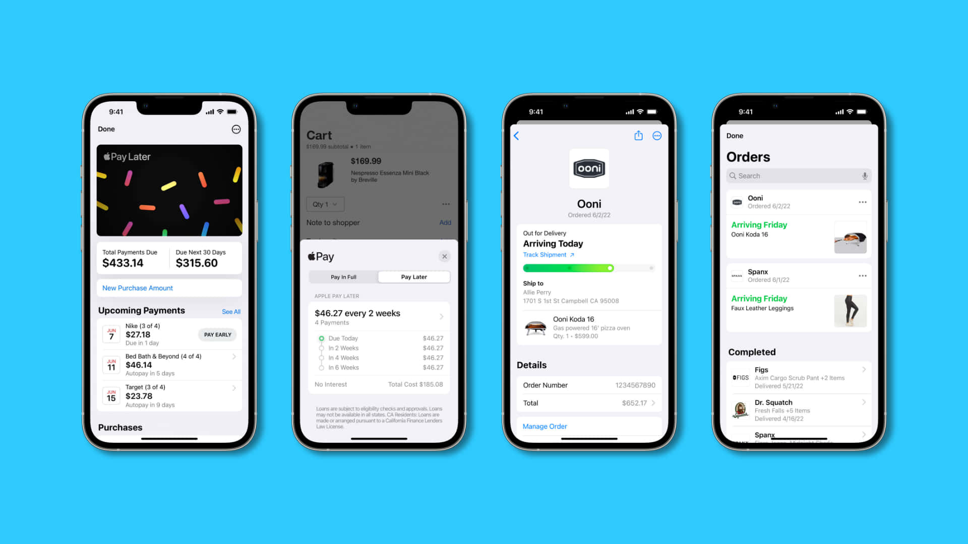 iPhone 桌布 壁紙 — 四部智慧型手機在明亮的藍色背景上顯示各種 Apple Pay 和訂單管理畫面。