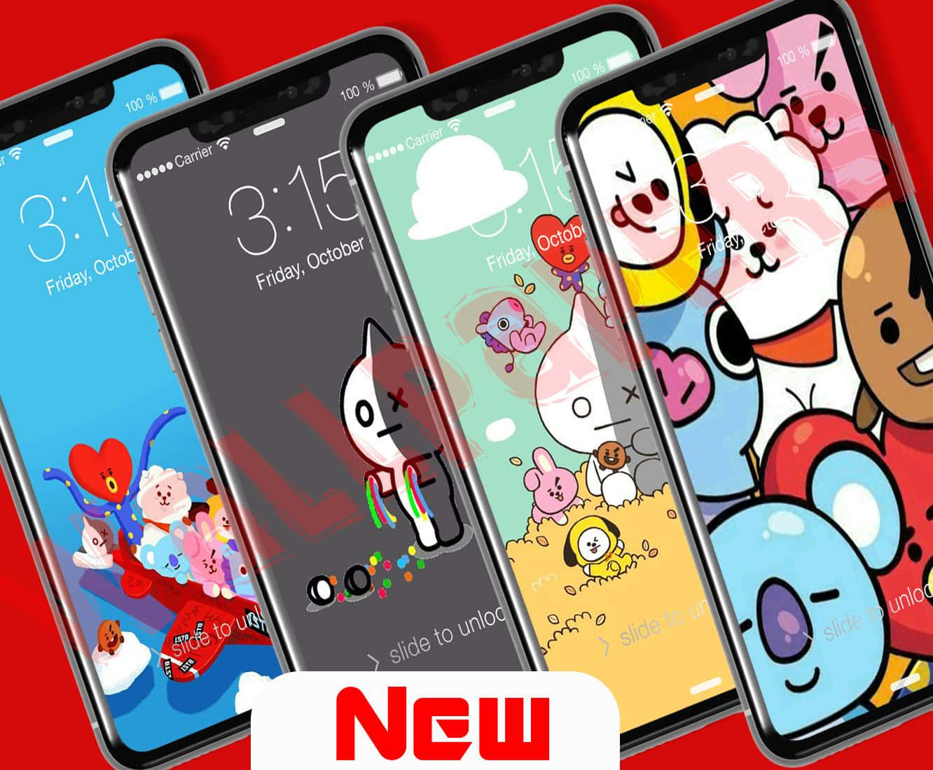 Bt21 4K 桌布 壁紙 — 四部智慧型手機在鮮紅色背景上展示色彩繽紛的卡通角色桌布，並帶有「新」標籤。