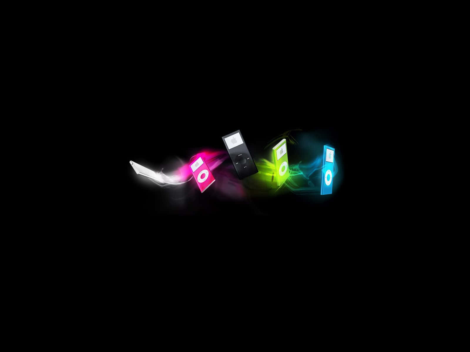 Cool Computer 桌布 壁紙 — 四部色彩繽紛的 iPod 在純黑背景上發出鮮豔的光軌。