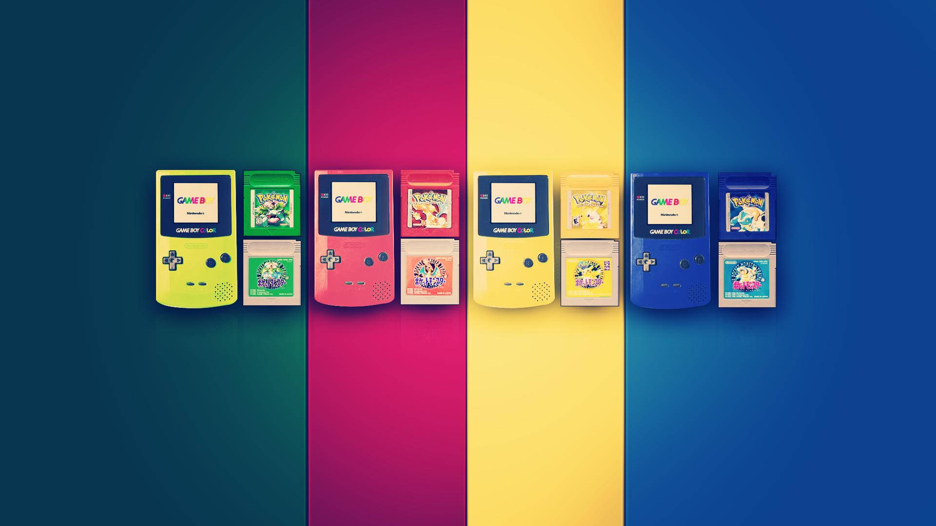 四部Game Boy主機，帶有寶可夢遊戲，背景為彩色彩虹。 — 任天堂Switch 動圖 壁紙