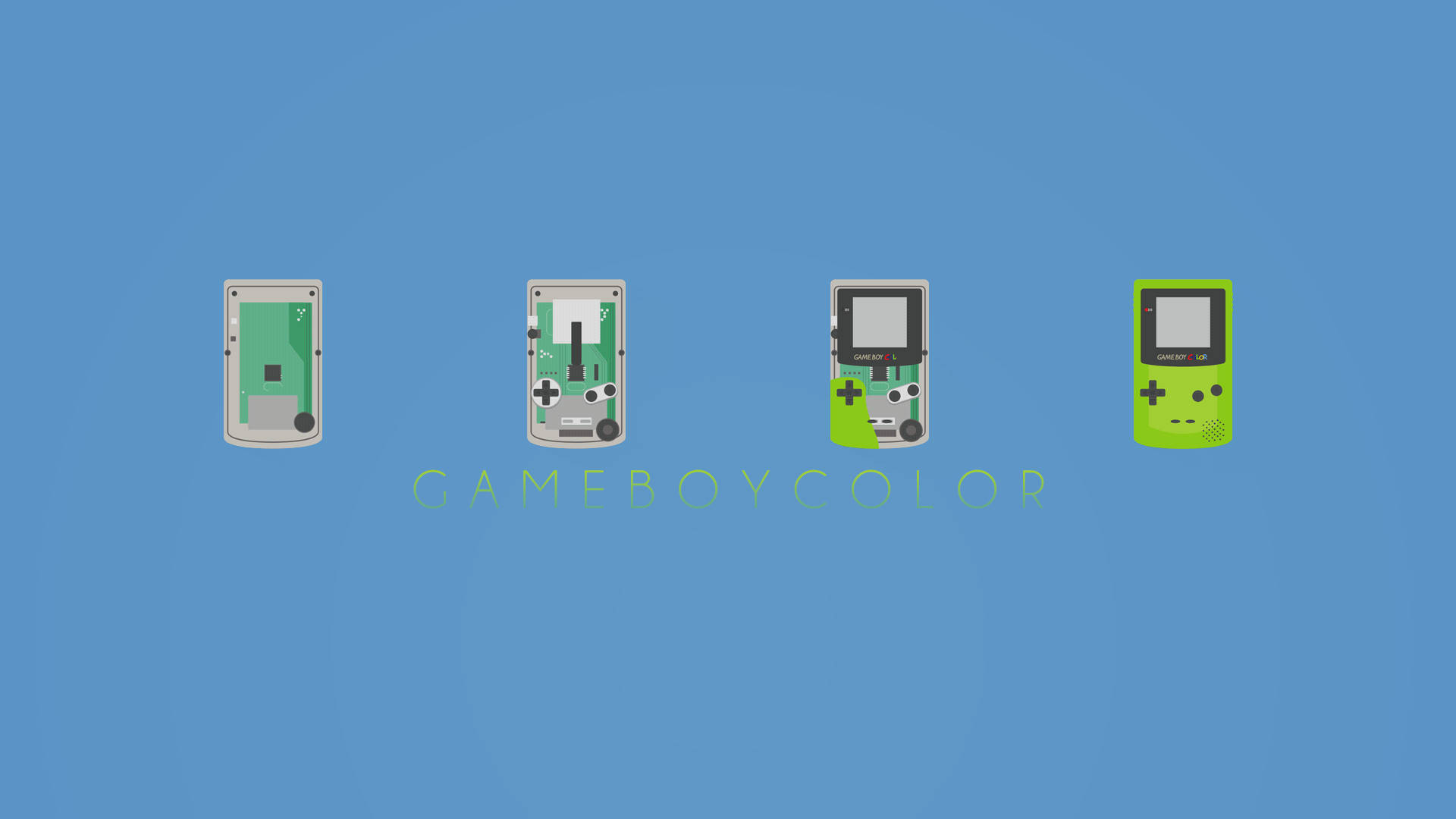 game 桌布 壁紙 — 四部處於不同拆卸狀態的Game Boy Color主機漂浮在純藍色背景上，下方有品牌名稱。