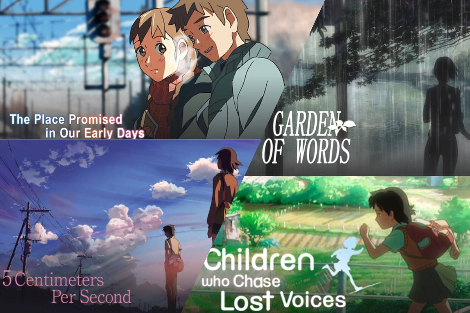 Makoto Shinkai 桌布 壁紙 — 四部電影中的動畫場景，展示在天空和雨下，角色在田野和城市環境中的情感時刻。