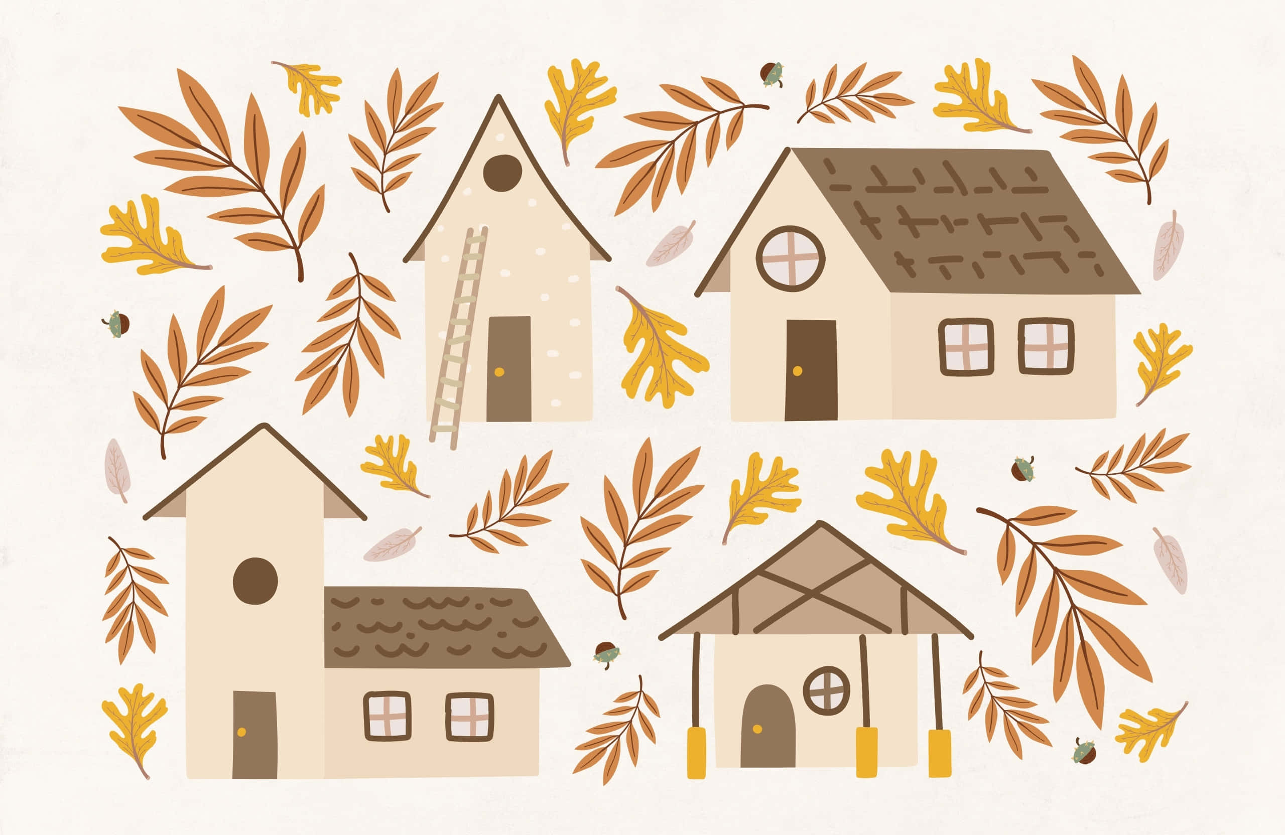 Best Fall 桌布 壁紙 — 四間迷人的風格化房屋，坐落在柔軟的奶油色背景上，周圍散落著秋天的落葉和橡子。