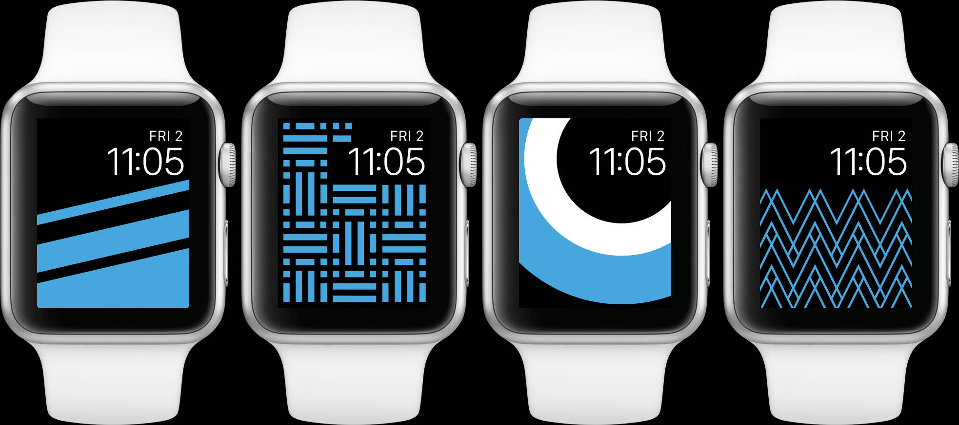 Apple Watch 動態 桌布 壁紙 — 四隻Apple Watch在黑色背景上顯示不同的藍色幾何錶盤。