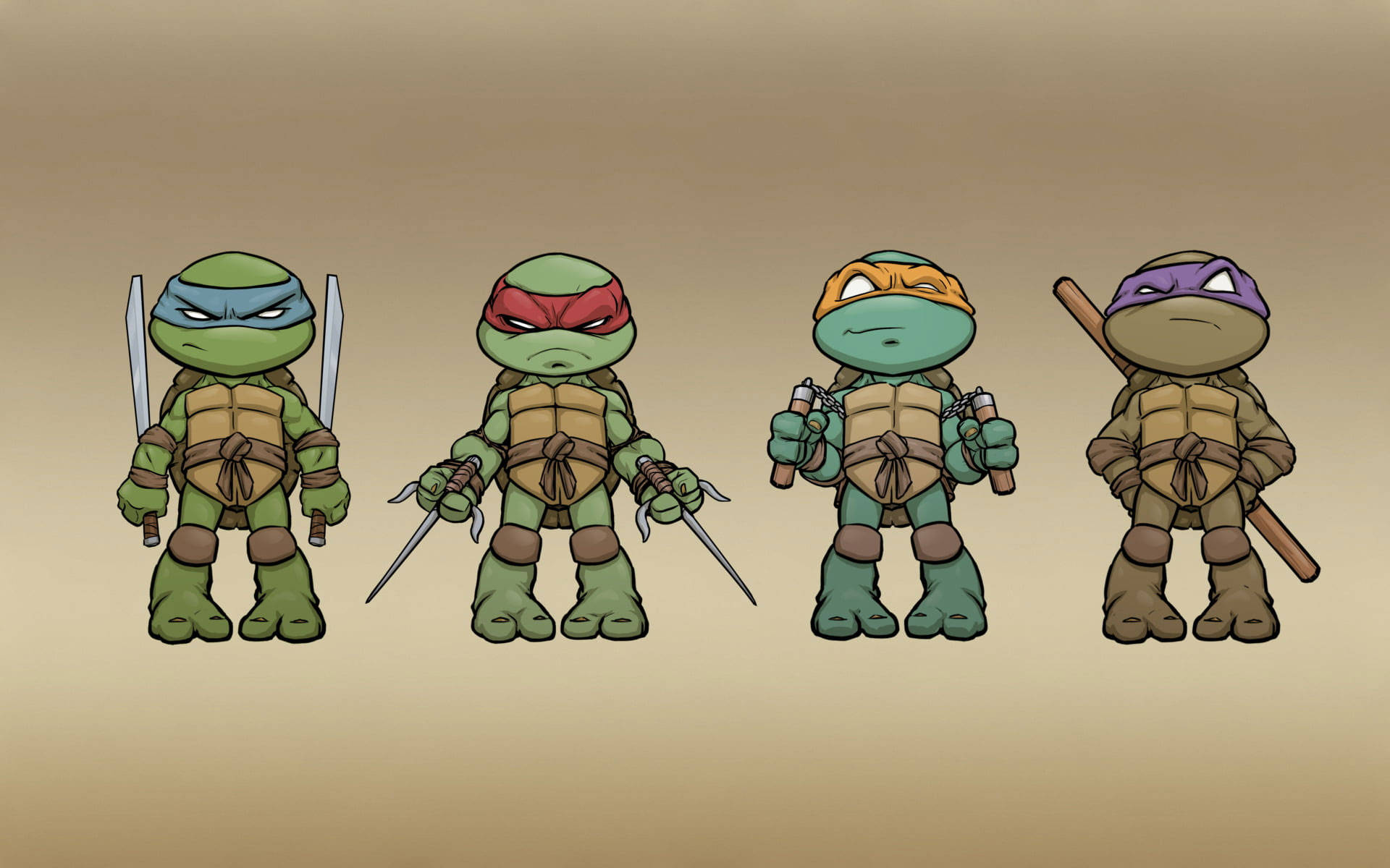 Ninja Turtle 桌布 壁紙 — 四隻Q版忍者龜排成一排，各自手持標誌性武器，背景為純米色。