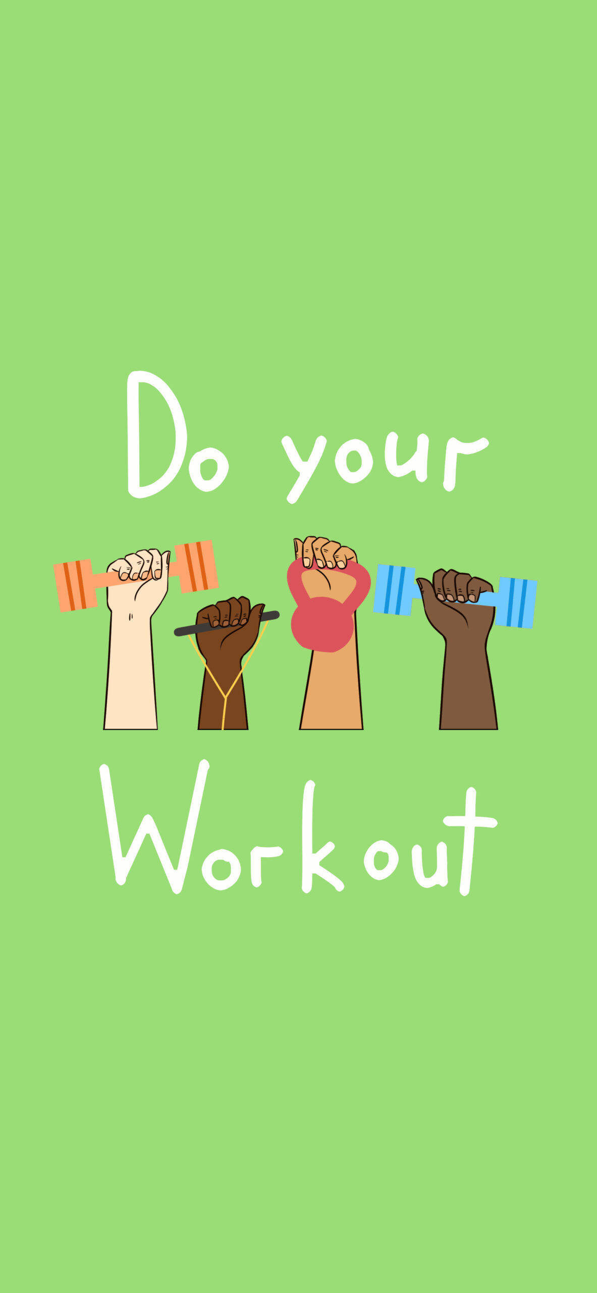 Workout 桌布 壁紙 — 四隻不同風格的手繪插圖手，在純綠色背景上舉著啞鈴和壺鈴，並帶有勵志文字。