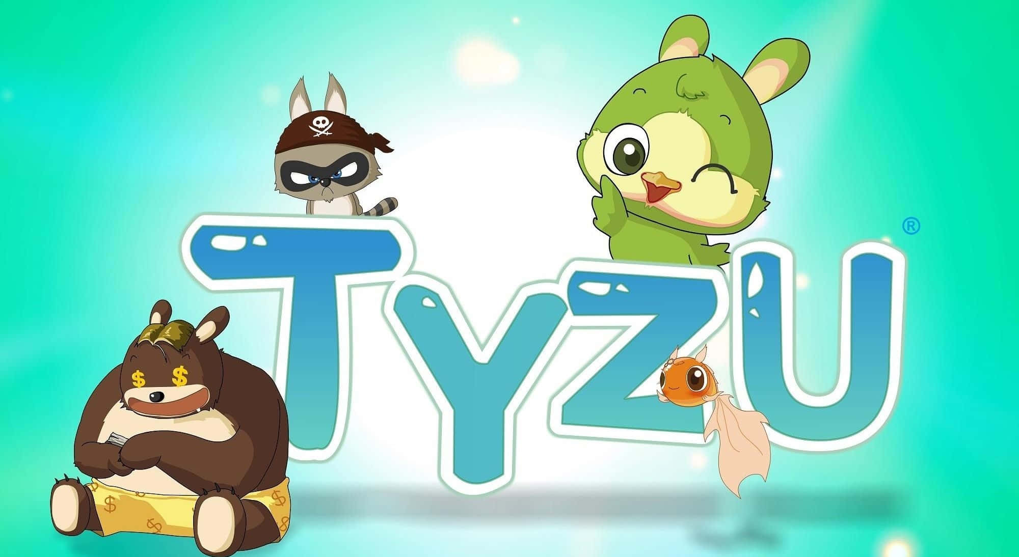 All Cartoon Characters 桌布 壁紙 — 四隻卡通動物圍繞著發光的藍色「TYZU」標誌，背景是明亮的藍綠色漸變色。