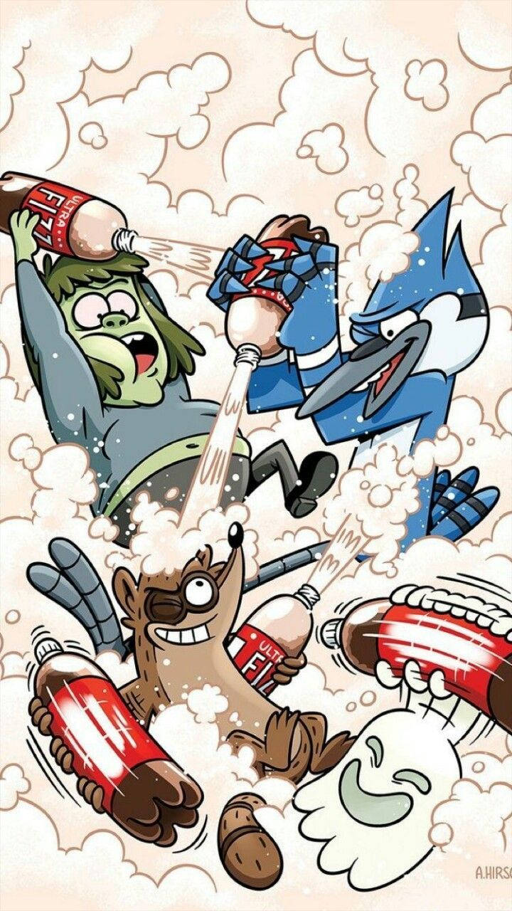 mordecai and rigby 桌布 壁紙 — 四隻卡通動物在混亂的慶祝活動中，在嘶嘶作響的泡沫雲中精力充沛地噴灑汽水瓶。