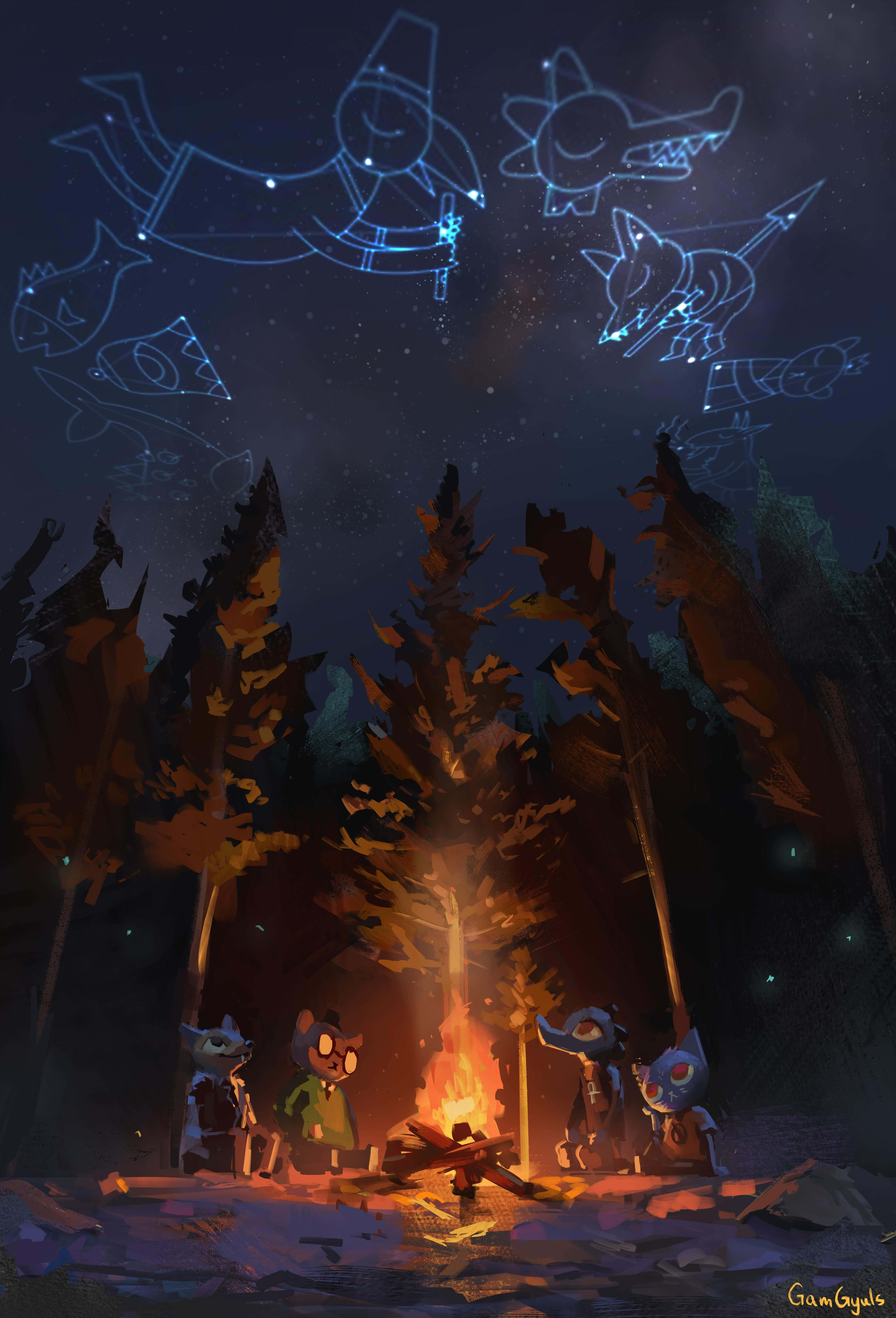 Night In The Woods 桌布 壁紙 — 四隻卡通動物聚集在一個發光的營火周圍，在黑暗的森林中，星空下，有發光的星座輪廓。