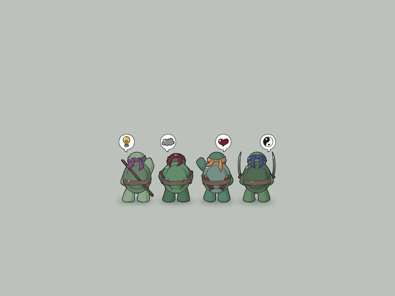 Cartoon Turtle 桌布 壁紙 — 四隻卡通忍者龜背對背站立，帶有顯示燈泡、雲朵、心形和陰陽符號的思考泡泡。