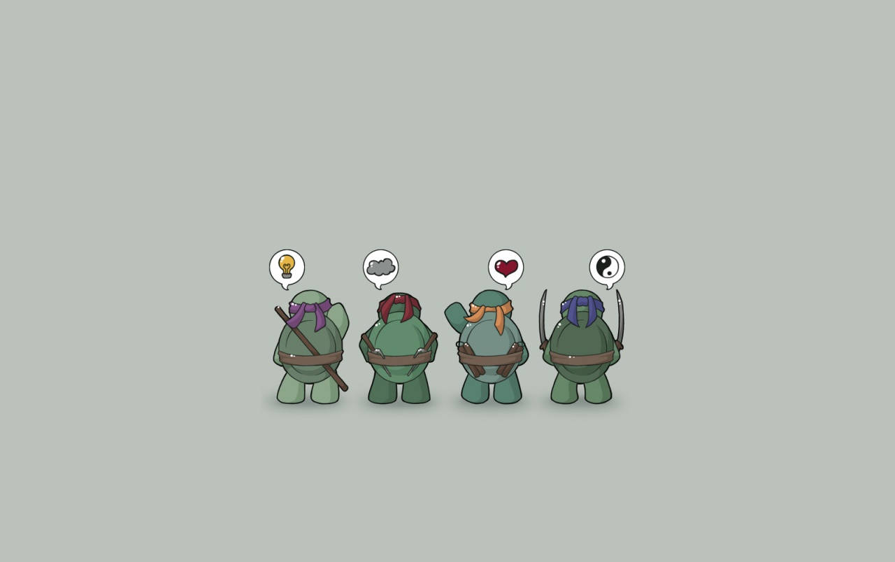 Ninja Turtle 桌布 壁紙 — 四隻卡通忍者龜背對背站立，思想泡泡顯示燈泡、雲朵、心形和陰陽符號。