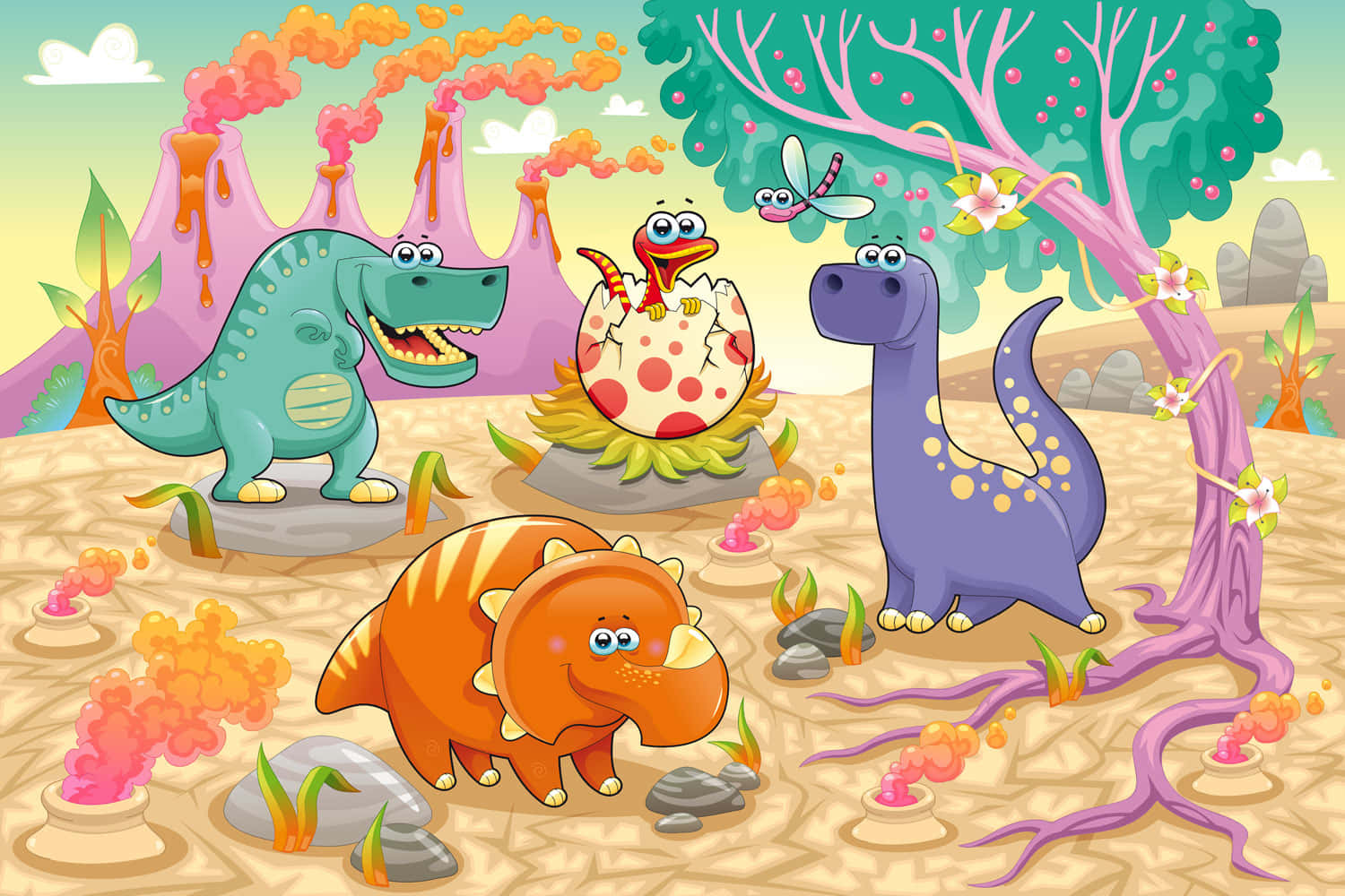 Dino 桌布 壁紙 — 四隻卡通恐龍和一隻恐龍寶寶在色彩繽紛的火山景觀中，有粉紅色的樹木和熔岩流。