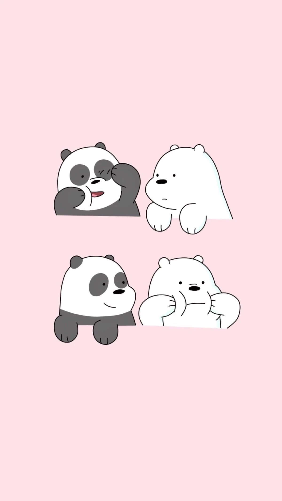 Cute Panda 桌布 壁紙 — 四隻卡通熊在柔軟的粉紅色背景上擺出俏皮的姿勢。