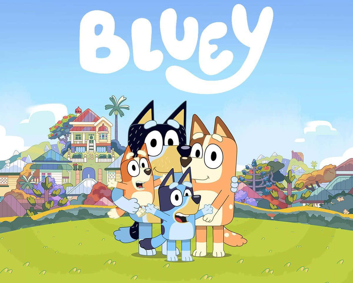 四隻卡通狗在歡快的戶外場景中，上方有BLUEY這個詞。 — 藍色小腳印 壁紙