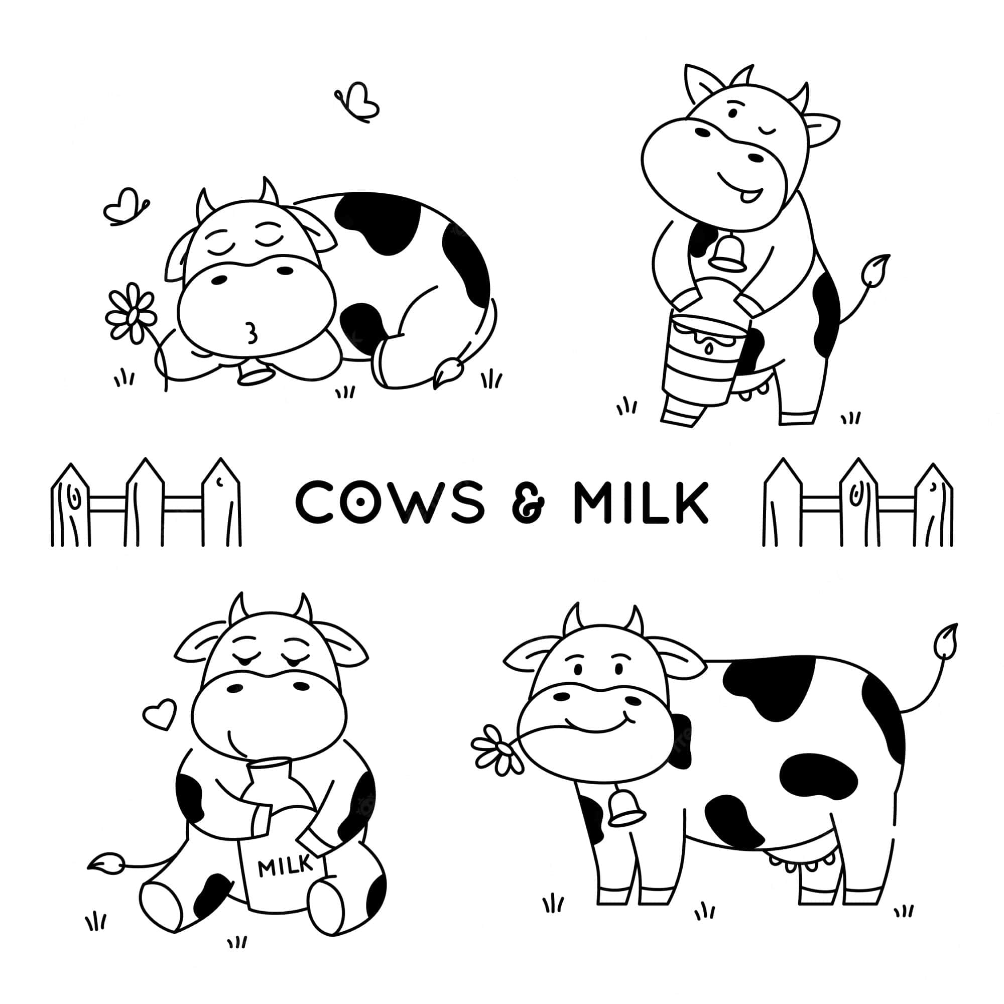 Black And White Cow 桌布 壁紙 — 四隻可愛卡通牛，黑白線條藝術，每隻拿著牛奶或在有愛心和花朵的籬笆旁休息。