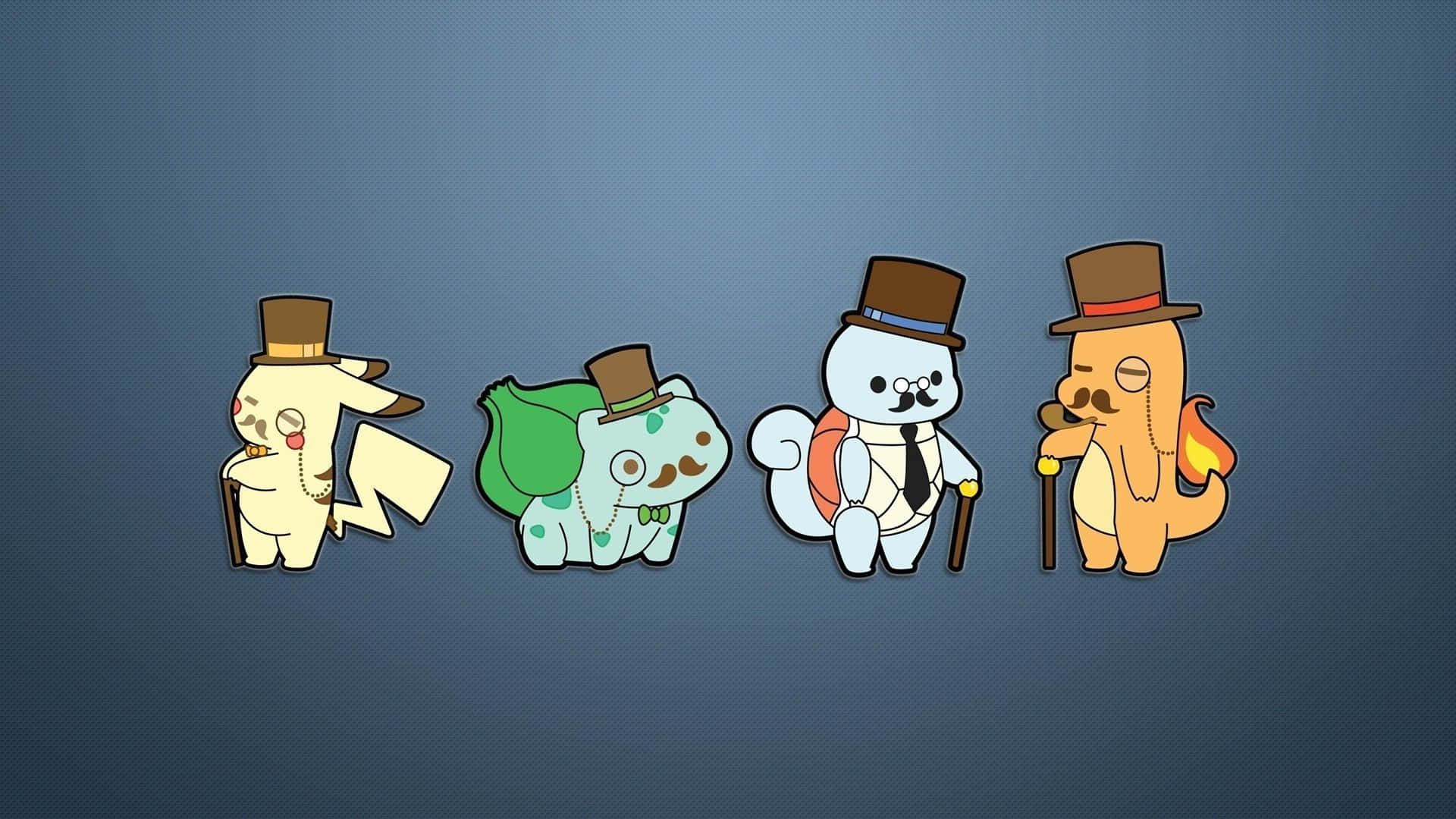 Pokemon Funny 桌布 壁紙 — 四隻可愛的卡通寶可夢戴著高帽和拐杖，排成一排，背景是有紋理的藍色。
