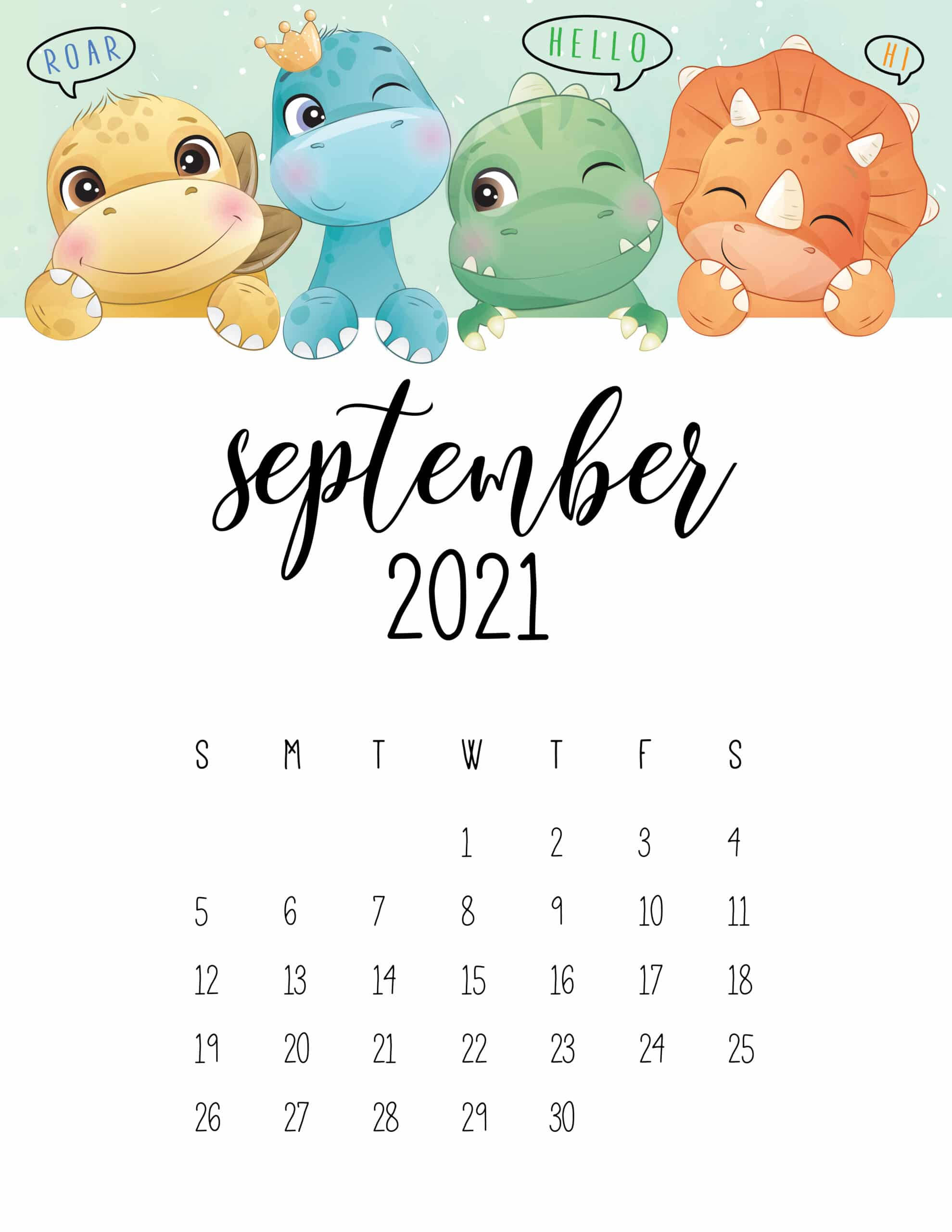 September 桌布 壁紙 — 四隻可愛的卡通恐龍從一個標有2021年9月的日曆上方探出頭來，對話框裡寫著「咆哮，你好，你好」。