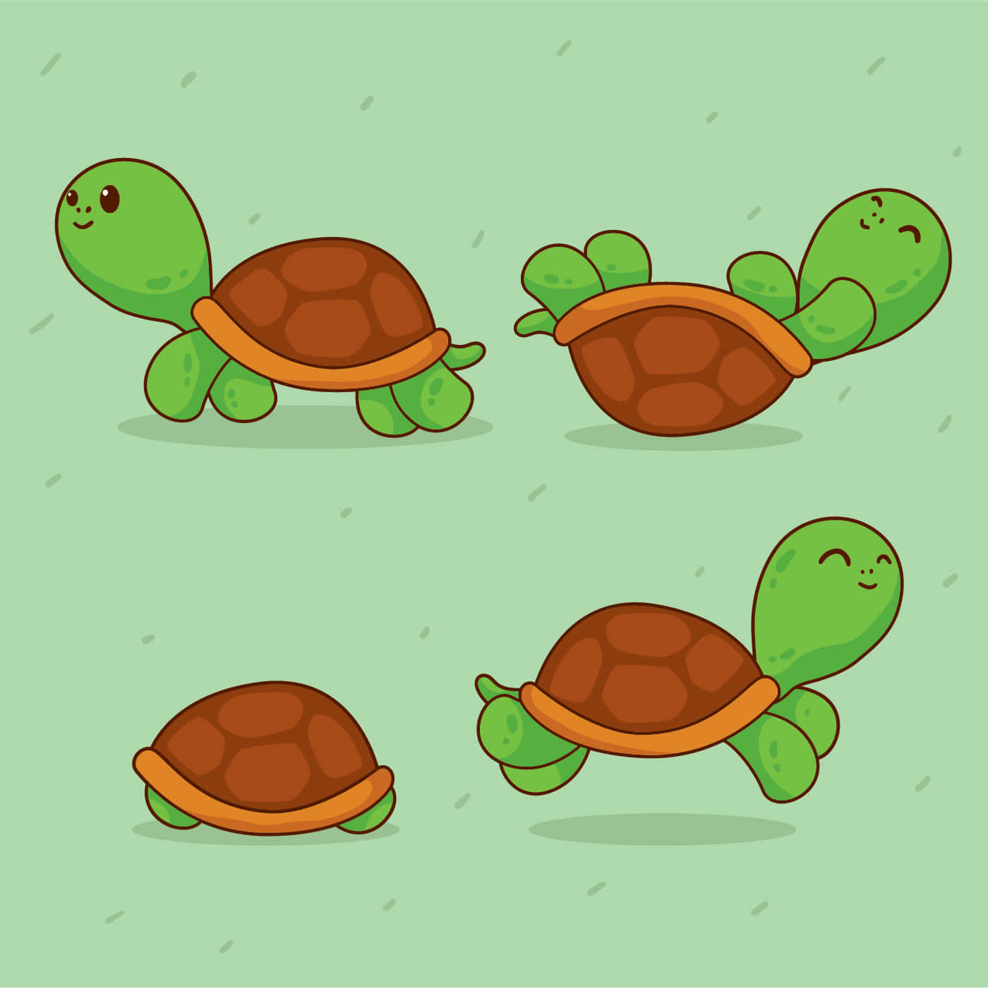 Cartoon Turtle 桌布 壁紙 — 四隻可愛的卡通烏龜，綠色身體、棕色殼，在淺綠色背景上擺出俏皮姿勢。