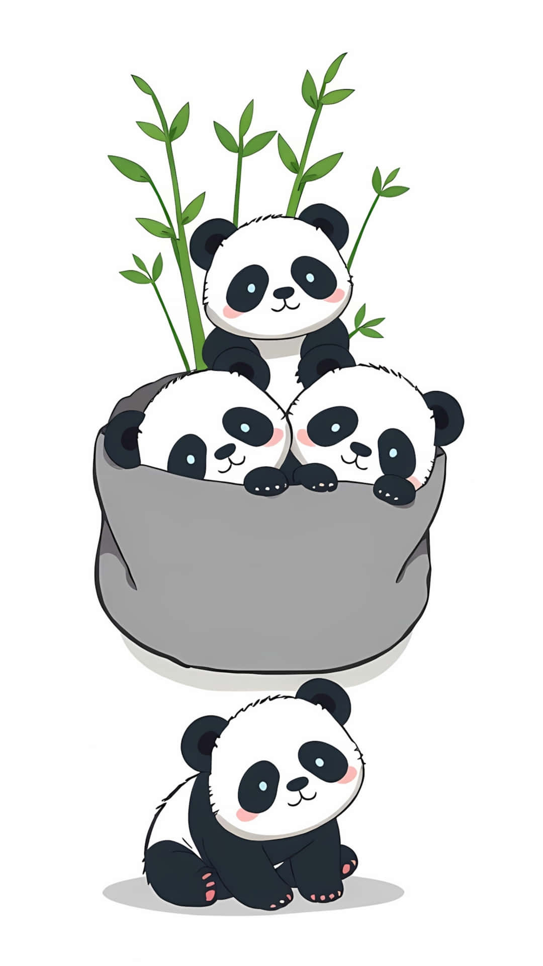 Cute Cartoon Panda Family with Bamboo 壁紙 — 四隻可愛的卡通熊貓，一隻坐在灰色石碗中的竹莖上，另一隻獨自坐在下面。