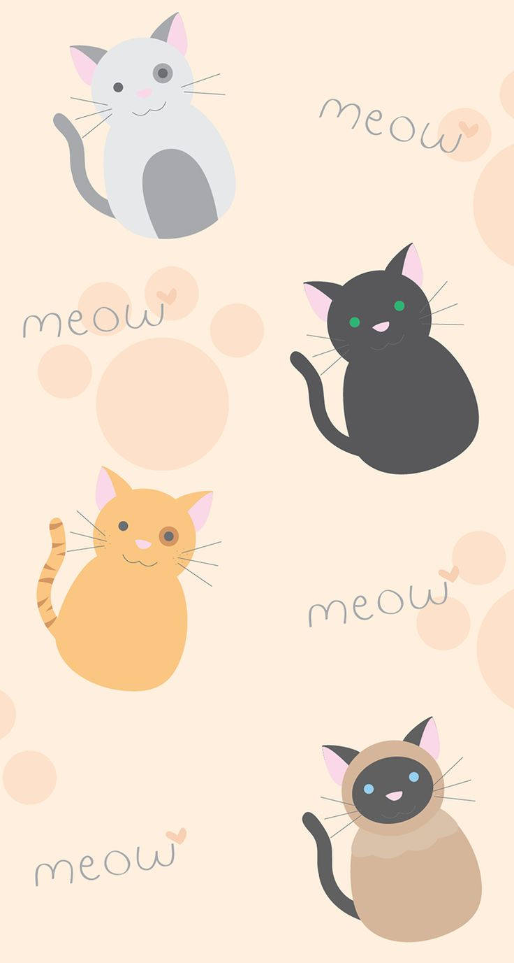 Cute Kawaii Cat 桌布 壁紙 — 四隻可愛的卡通貓咪以柔和色調坐在柔軟米色背景上，周圍有爪印泡泡和「meow」文字。