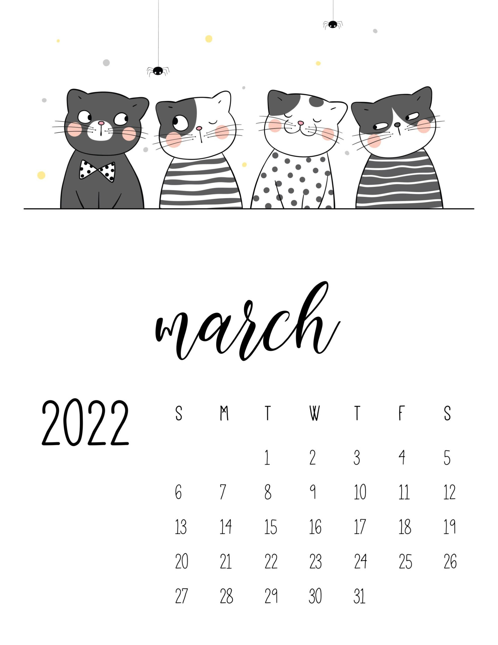 March 桌布 壁紙 — 四隻可愛的卡通貓咪穿著條紋和圓點服裝，從一條線上方窺視，線上有蜘蛛，下方是2022年3月日曆。