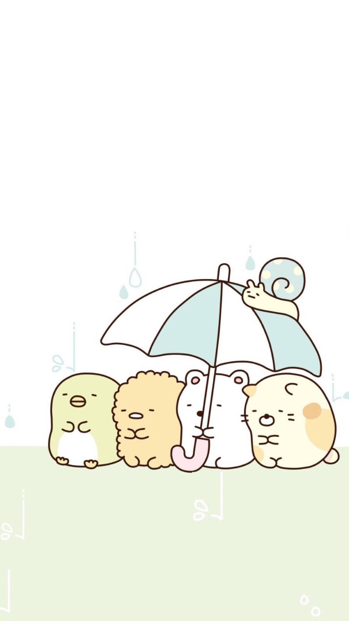 角落生物 桌布 壁紙 — 四隻可愛的圓形動物擠在淺藍色雨傘下，周圍有雨滴落下。