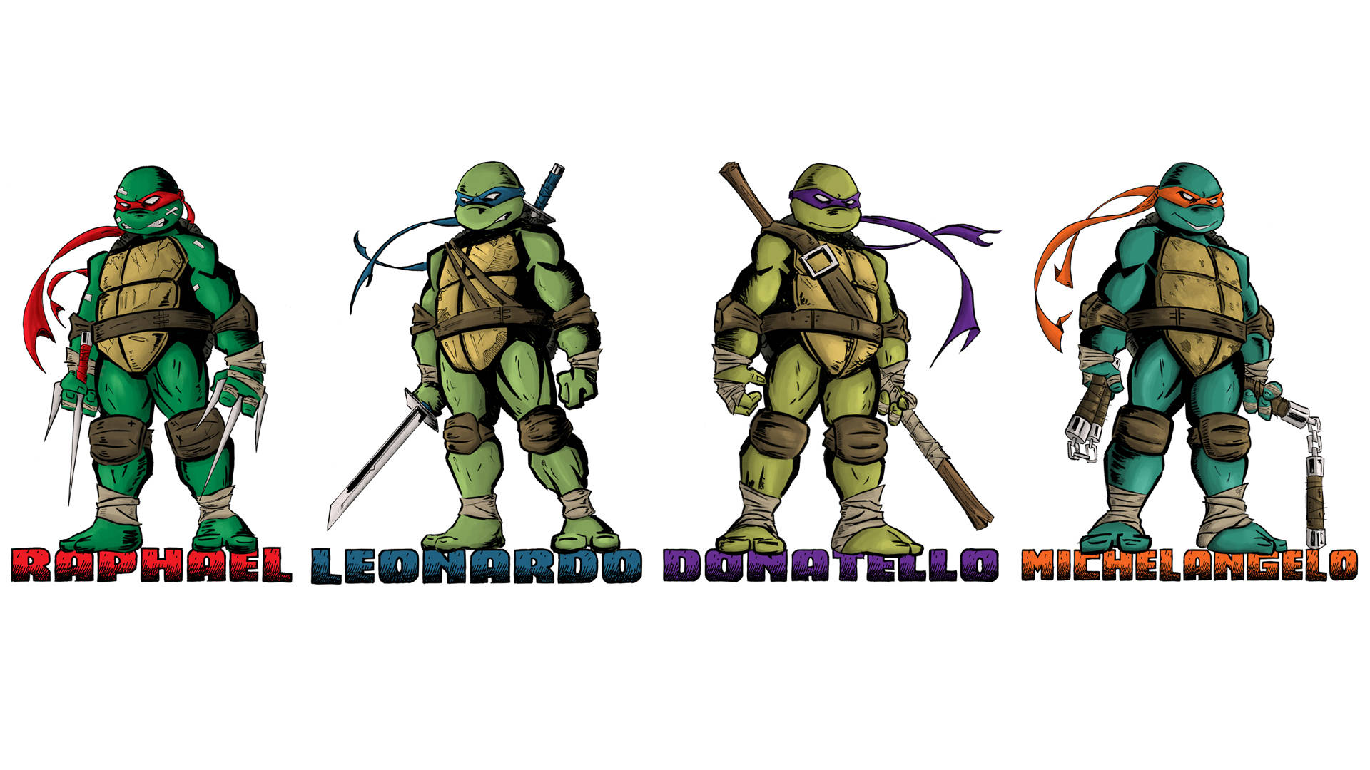 Ninja Turtle 桌布 壁紙 — 四隻少年變種忍者龜排成一排，各自手持標誌性武器，下方有彩色頭巾和名字。