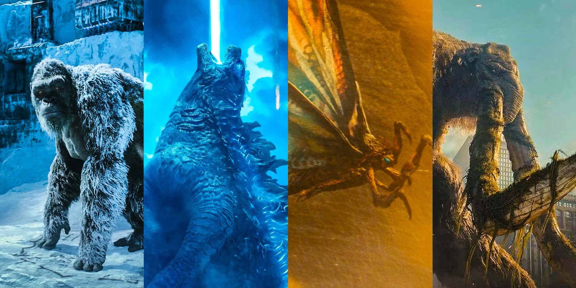 Monsterverse 桌布 壁紙 — 四隻巨大怪物哥吉拉、金剛、摩斯拉和拉頓在強烈燈光下，以戲劇性的電影姿勢站立於城市和自然背景前。