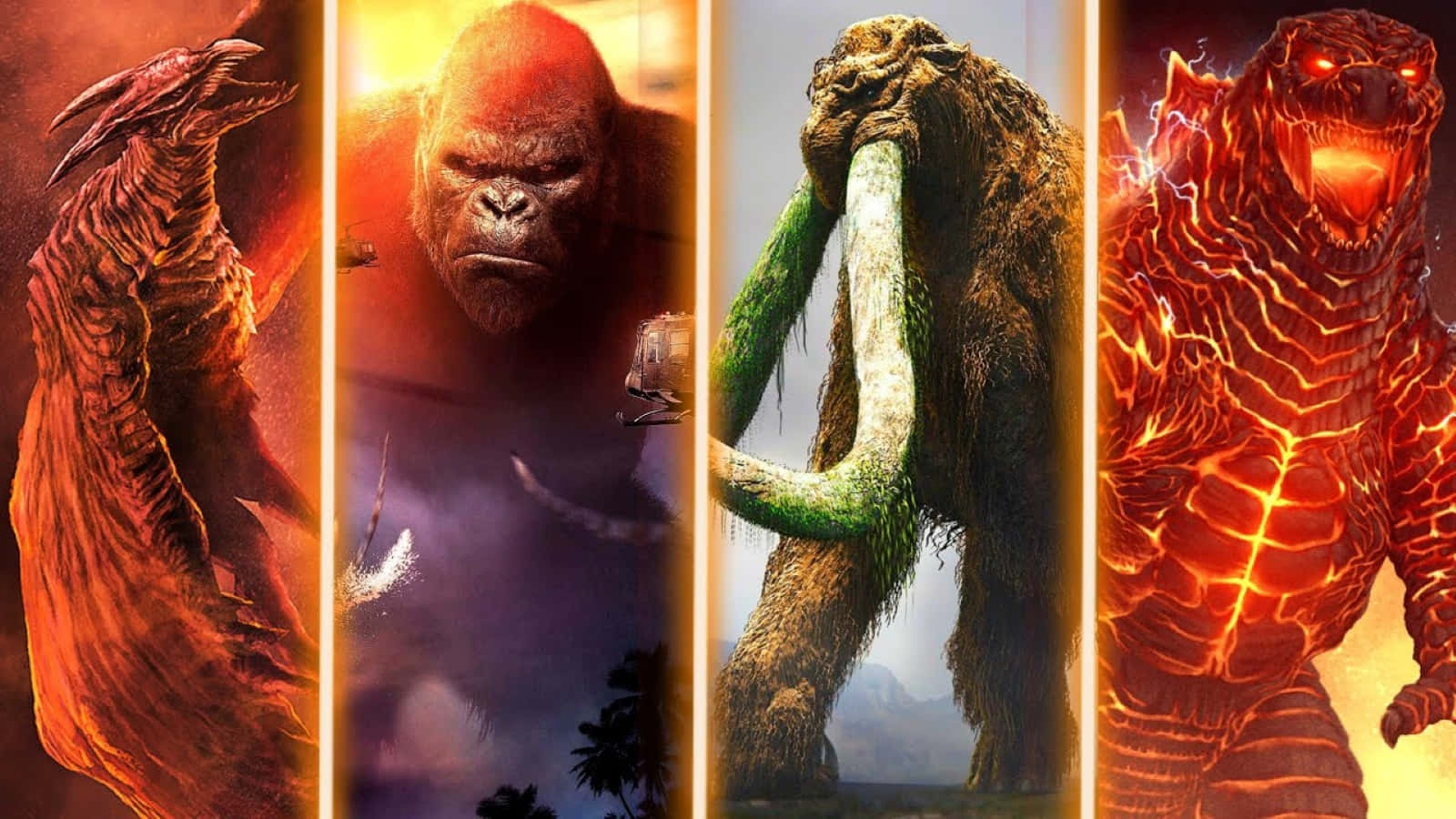 Monsterverse 桌布 壁紙 — 四隻巨大怪物在火熱、戲劇性的面板中咆哮：一隻爬蟲類野獸、一隻大猩猩、一隻猛獁象和一隻被熔岩覆蓋的惡魔。