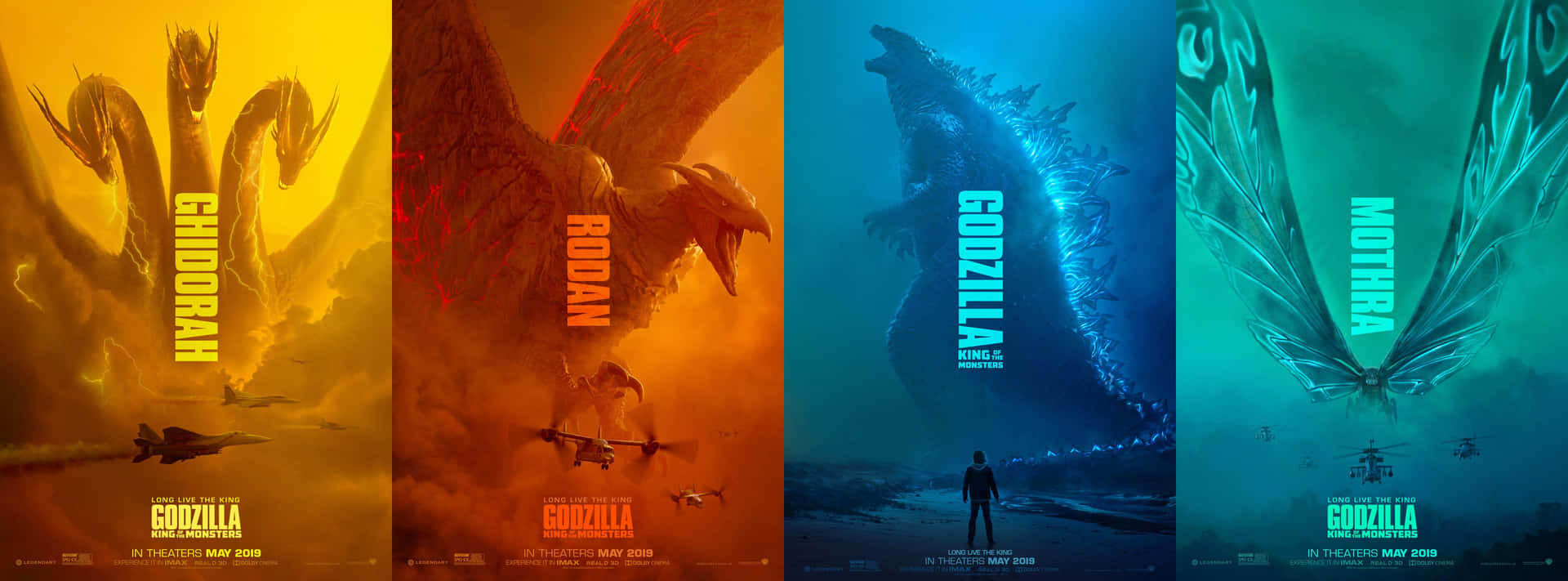 poster 桌布 壁紙 — 四隻巨大的怪獸哥吉拉 King of the Monsters 各自主宰著自己火焰或水中的電影海報。