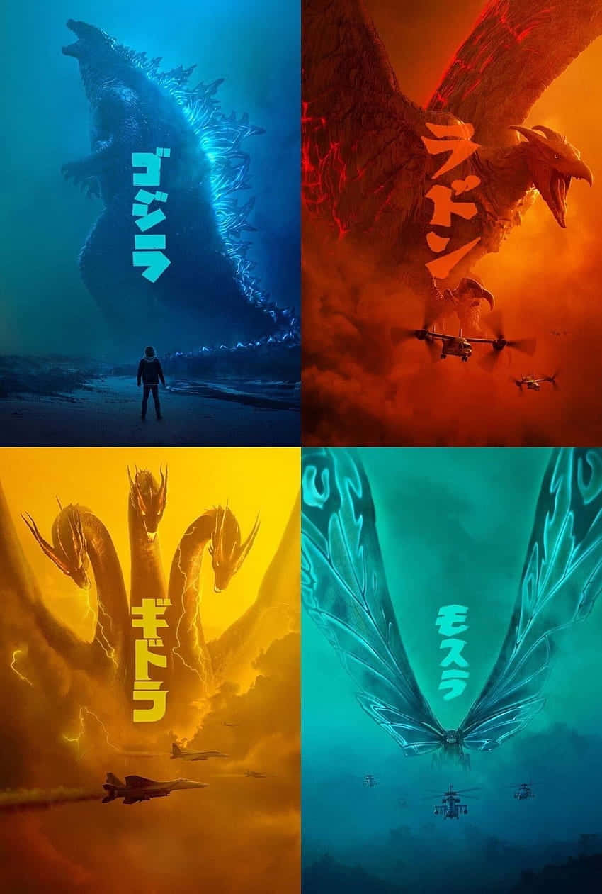 Rodan 桌布 壁紙 — 四隻巨大的怪獸哥吉拉、拉頓、哥吉拉和摩斯拉主宰著戲劇性的彩色天空，小型飛機在下方飛行。