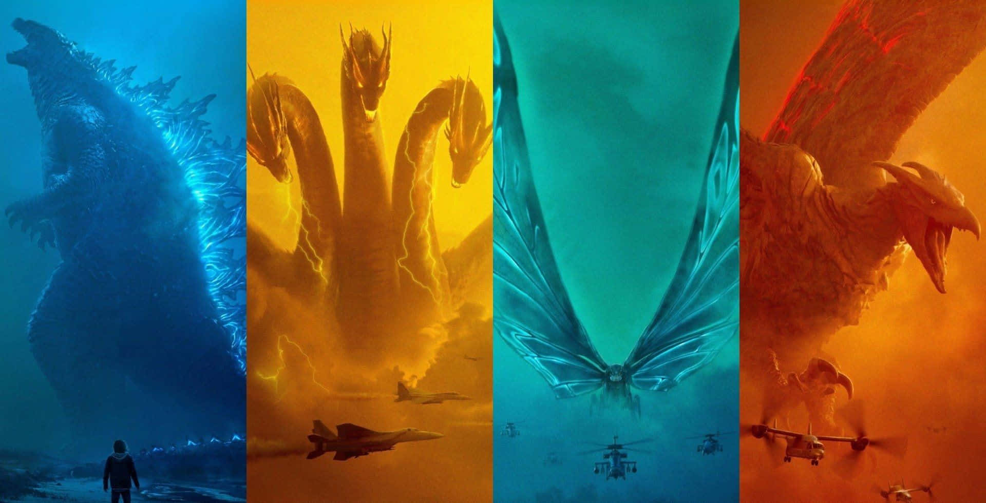 King Ghidorah 桌布 壁紙 — 四隻巨大的怪獸在色彩鮮豔的天空背景下，以戲劇性的垂直面板升起，軍用飛機在下方戰鬥。
