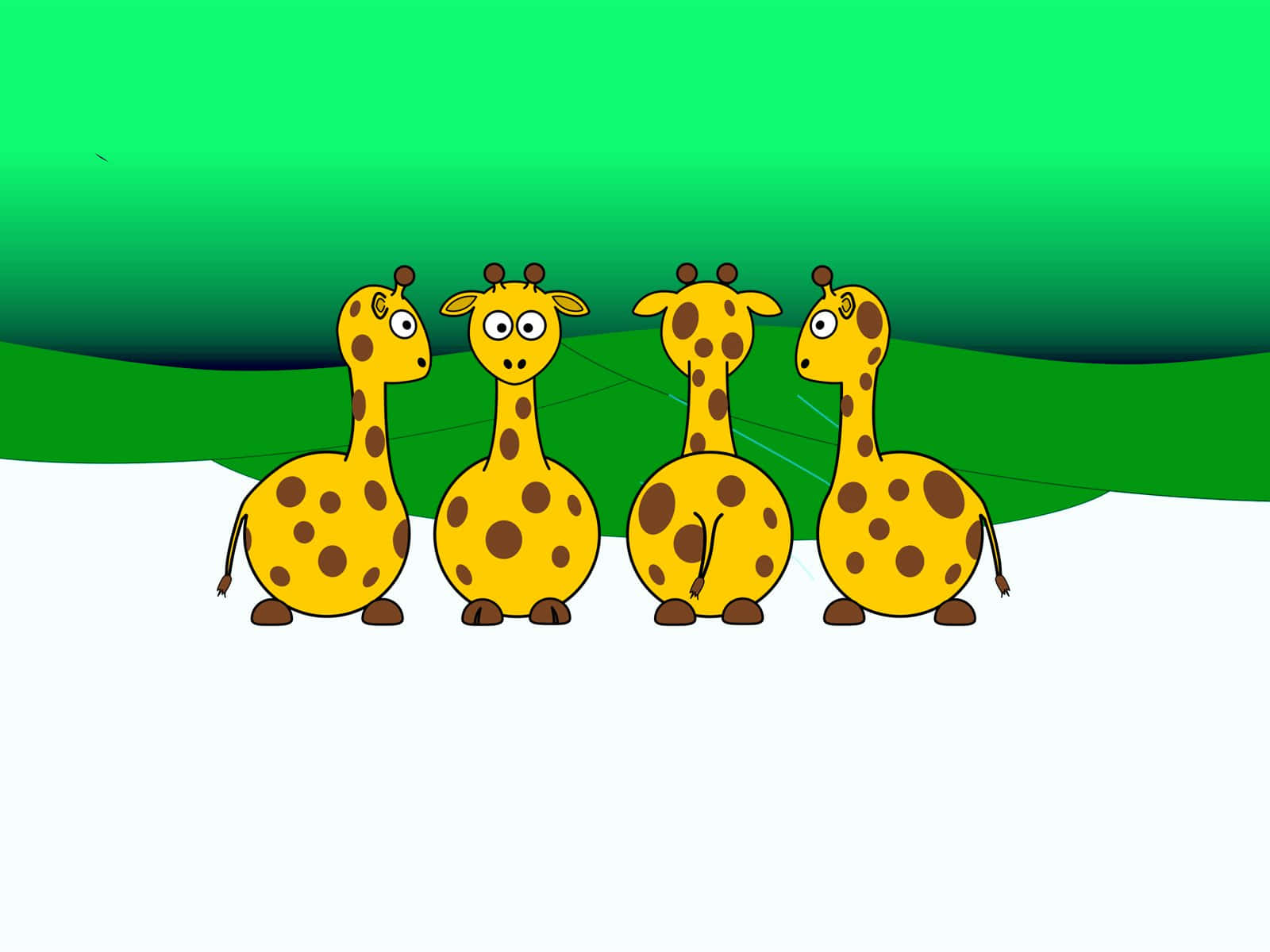 Baby Giraffe 桌布 壁紙 — 四隻帶有棕色斑點的卡通長頸鹿排成一排，背景為綠色漸變。