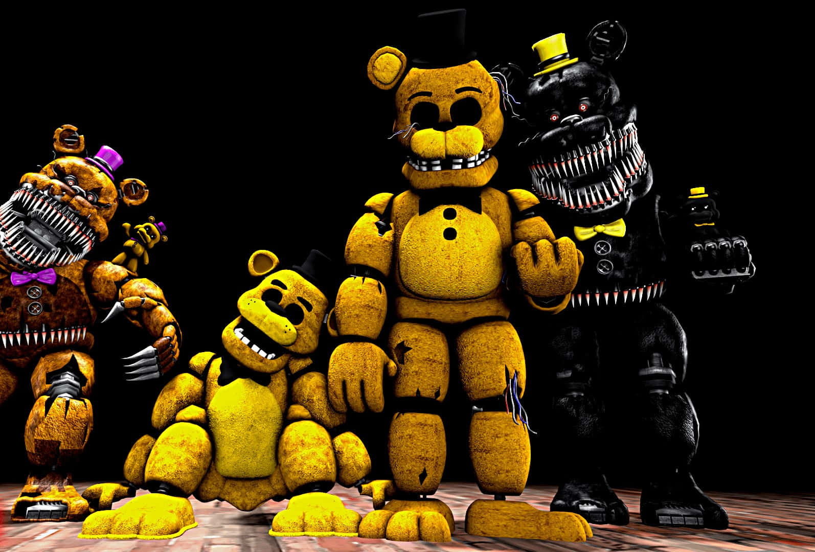 Golden Freddy 桌布 壁紙 — 四隻帶有鋒利牙齒和破爛衣服的威脅性電子熊站在黑色背景的木地板上。