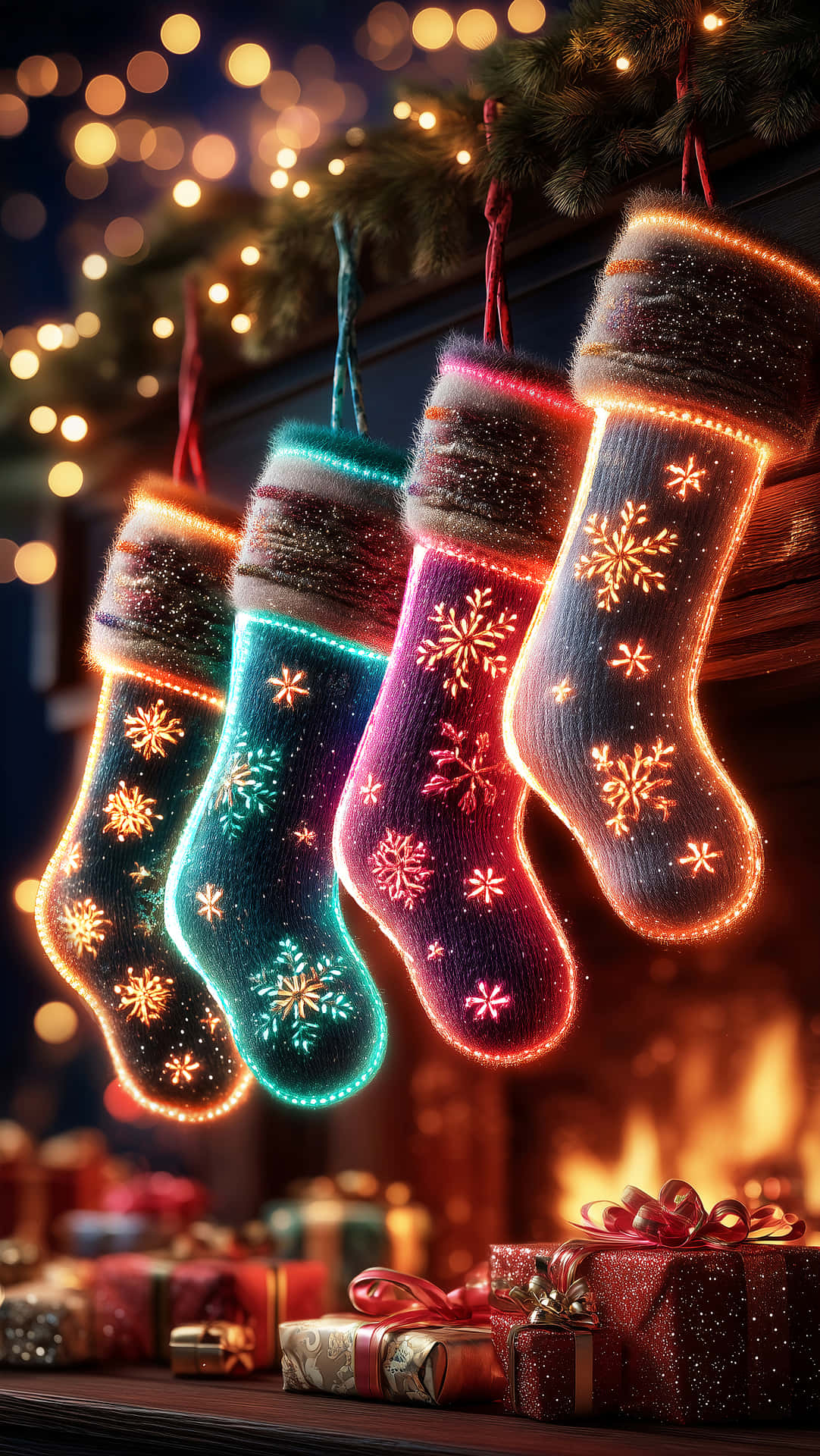 Christmas Wallpapers 壁紙 — 四隻帶有雪花圖案的發光聖誕襪掛在松樹枝上，下方是靠近溫暖壁爐的包裝禮物。
