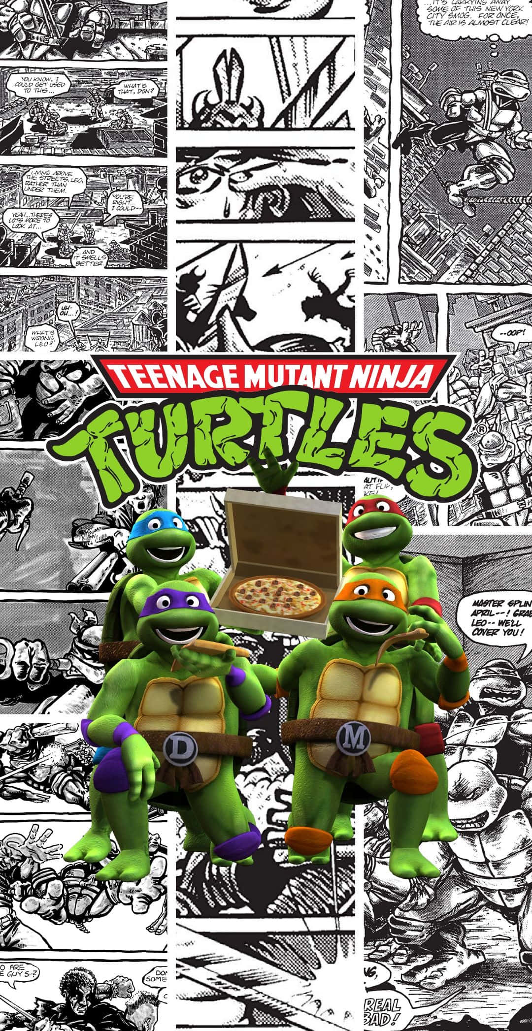Teenage Mutant Ninja Turtles Comic Book 桌布 壁紙 — 四隻微笑的忍者龜在漫畫書面板拼貼前拿著披薩。