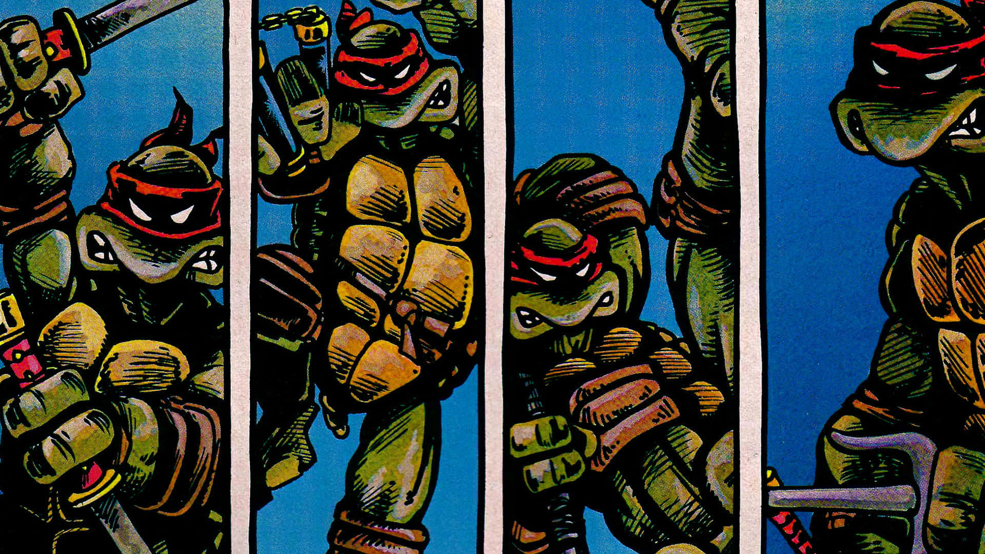 tmnt 桌布 壁紙 — 四隻忍者龜以動感姿勢手持武器，背景為大膽的藍色。
