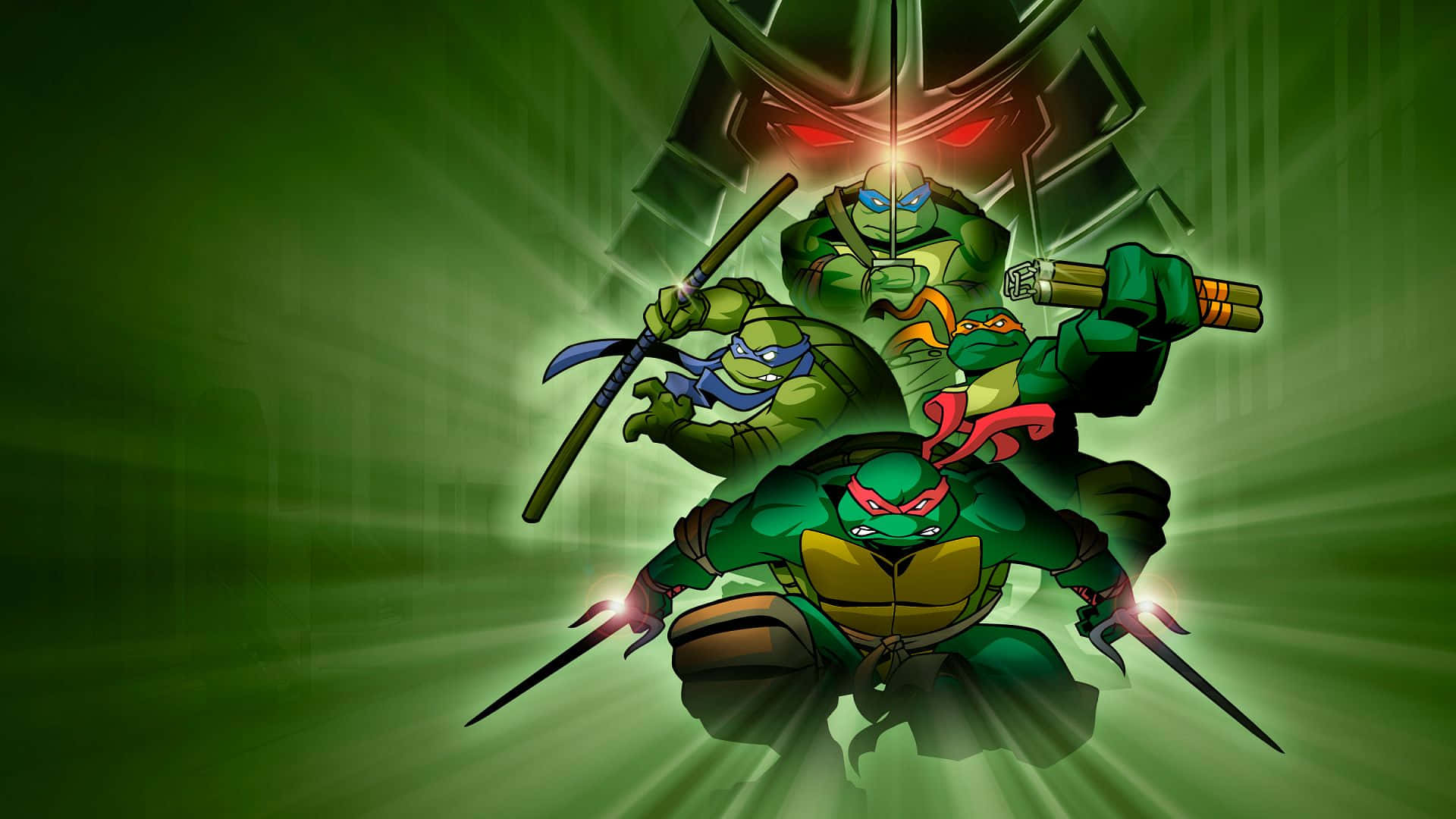 tmnt 桌布 壁紙 — 四隻忍者龜以動感姿勢手持發光武器，背景為耀眼的綠色。
