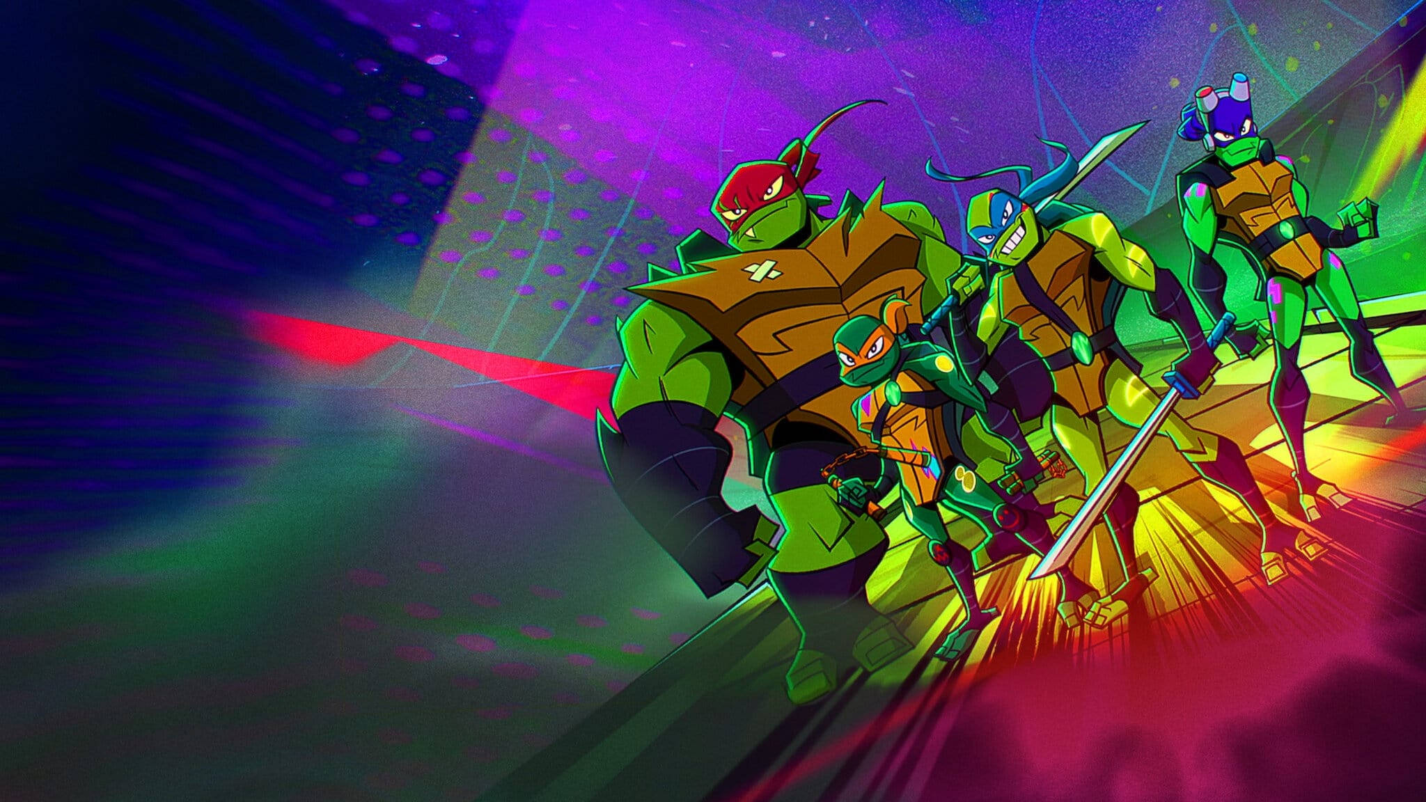 Ninja Turtle 桌布 壁紙 — 四隻忍者龜以動態姿勢在充滿活力的霓虹燈城市背景下擺出英雄姿態。